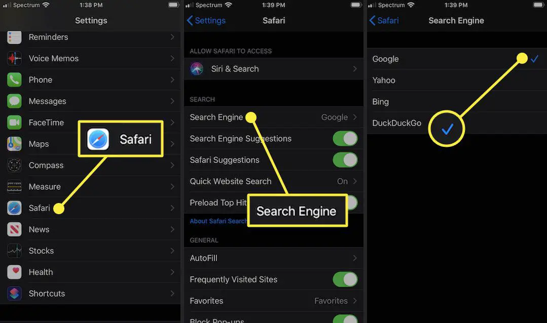 De app Instellingen van een iPhone met Safari, zoekmachine en een gemarkeerd vinkje