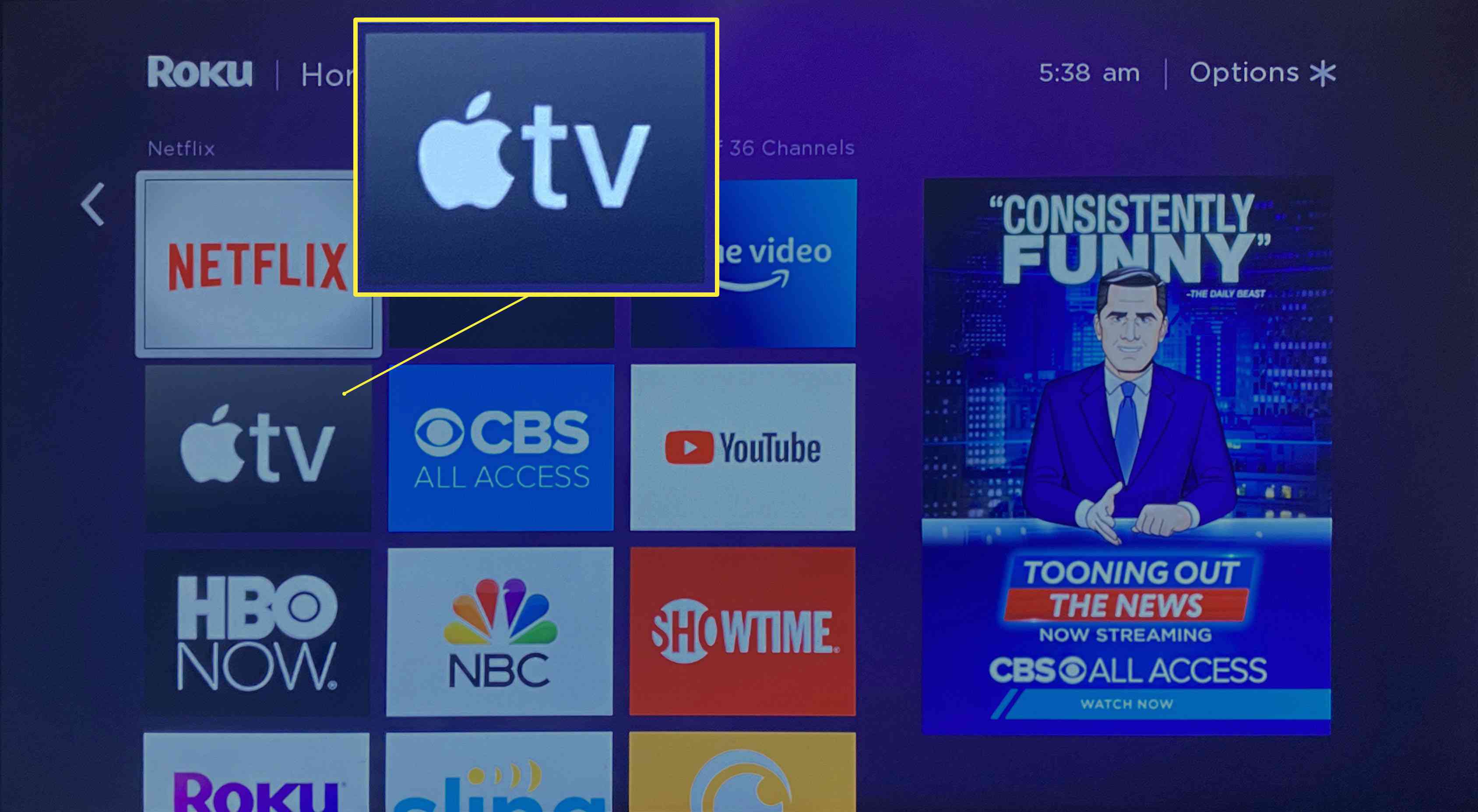 De Roku-startpagina met de Apple TV-kanaalapp die is geïnstalleerd met Netflix, Hulu en anderen.