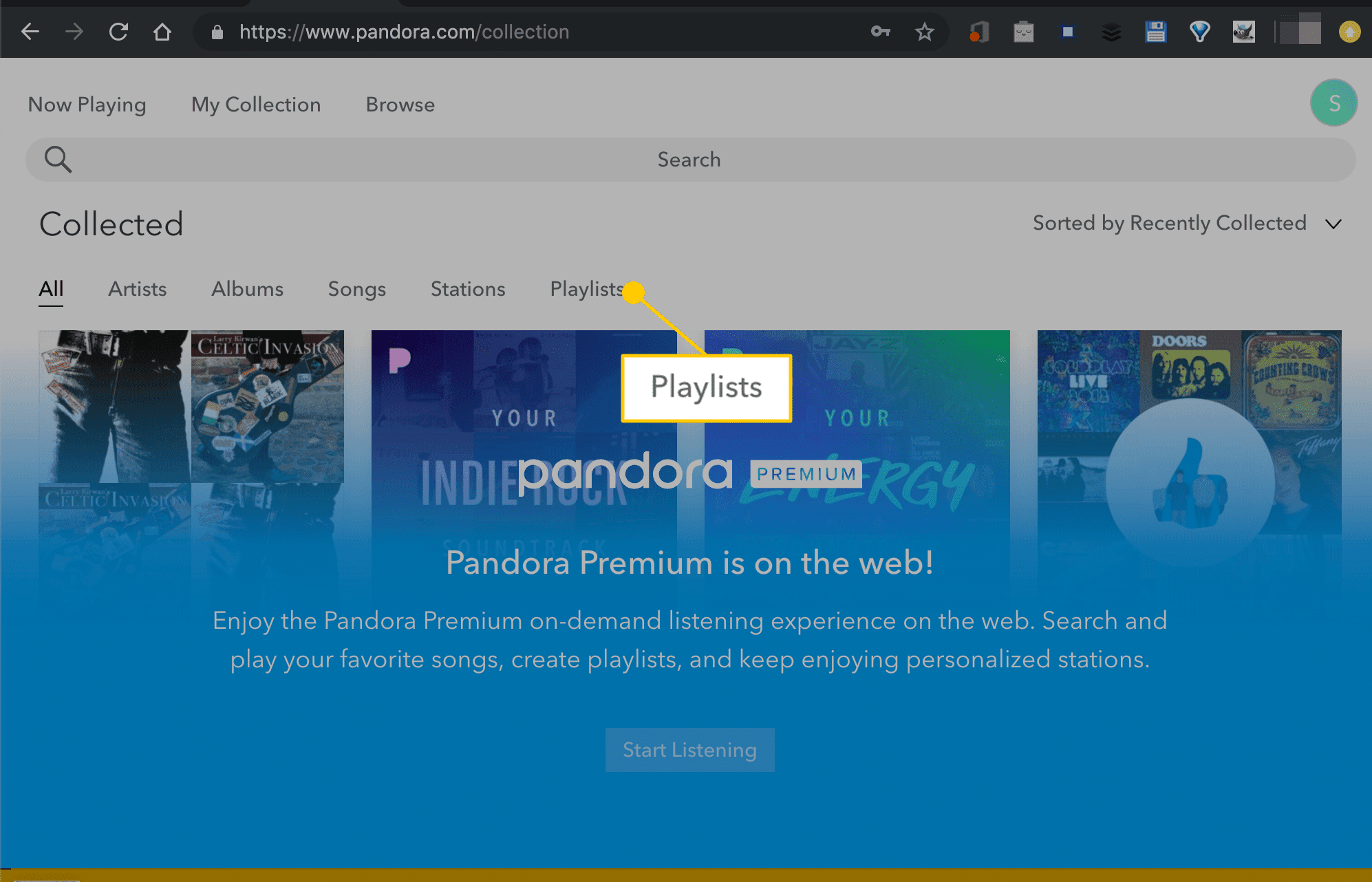 Tabblad Afspeellijsten in Pandora op het web