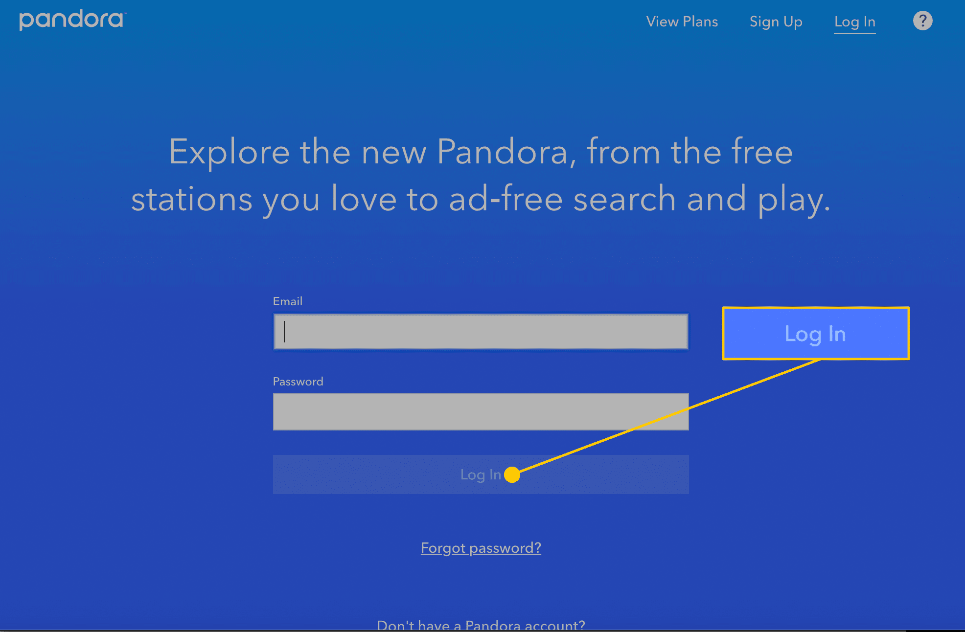 Login-knop in Pandora op het web