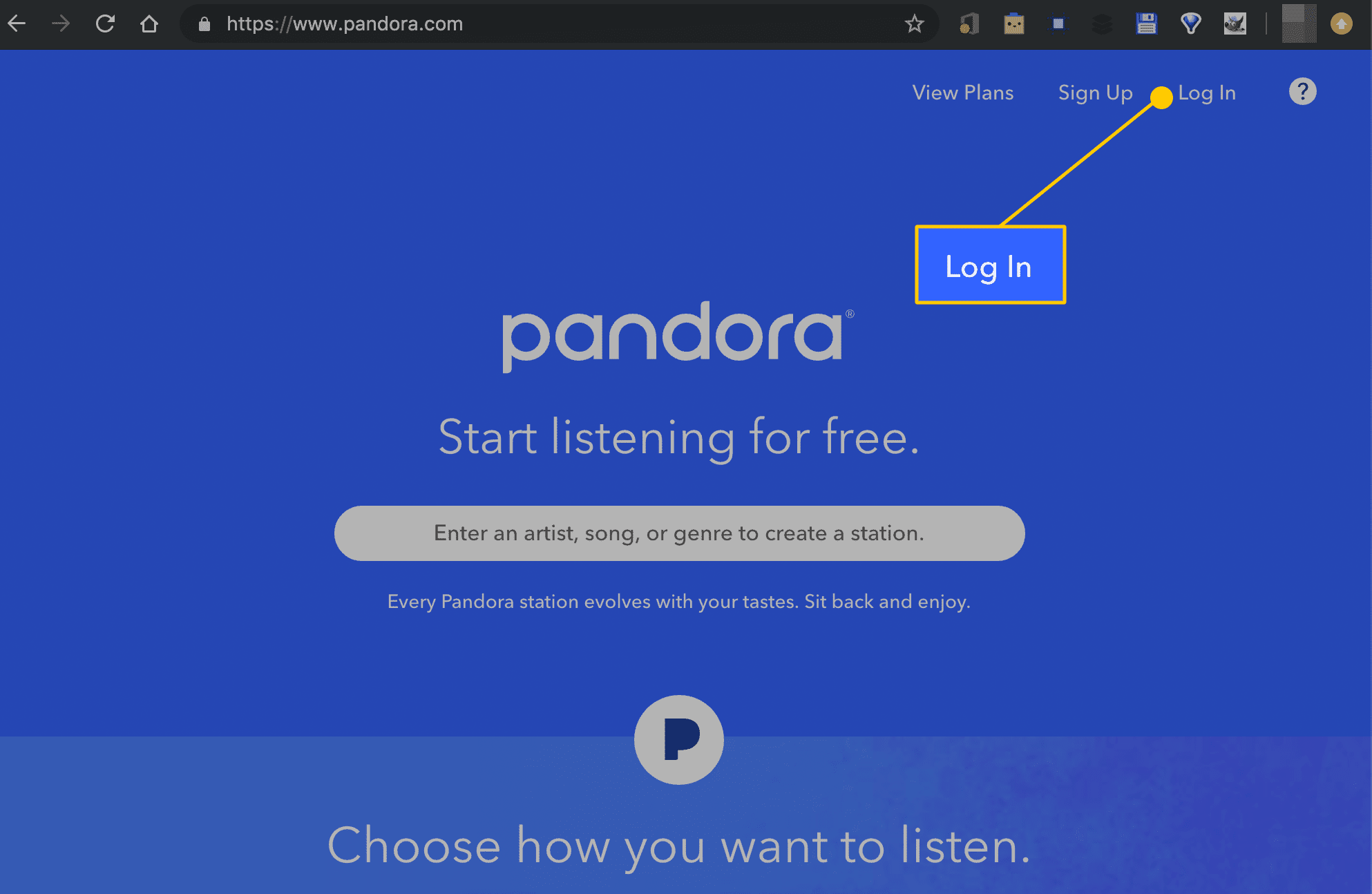 Login-knop in Pandora op het web