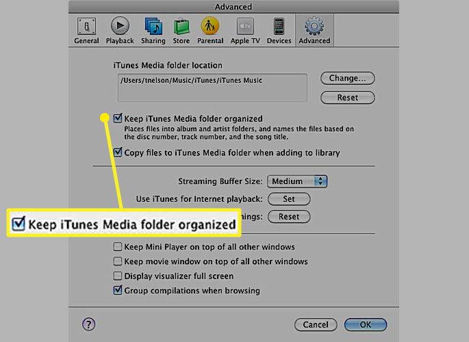 iTunes Geavanceerde voorkeuren met vinkje voor Houd iTunes Media-map georganiseerd