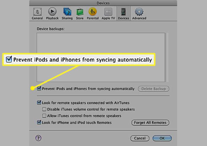 Voorkeuren voor iTunes-apparaten met een vinkje voor Voorkomen dat iPods en iPhones automatisch worden gesynchroniseerd