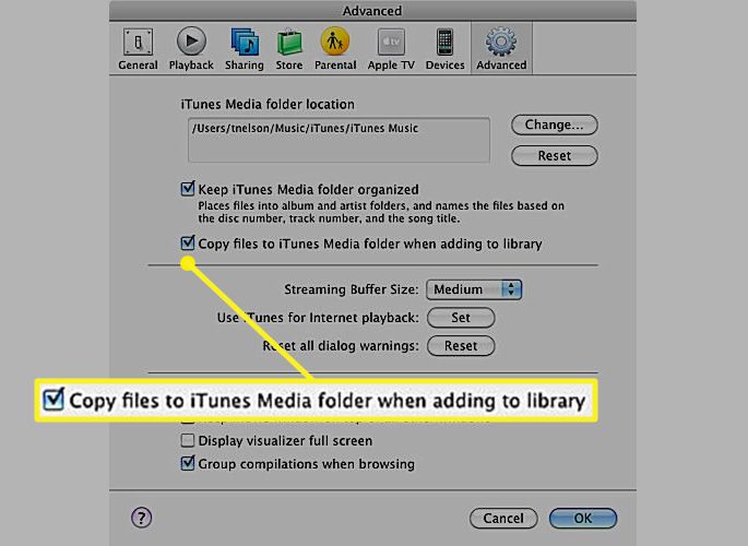 Vinkje voor Kopieer bestanden naar iTunes Media map bij toevoegen aan bibliotheek