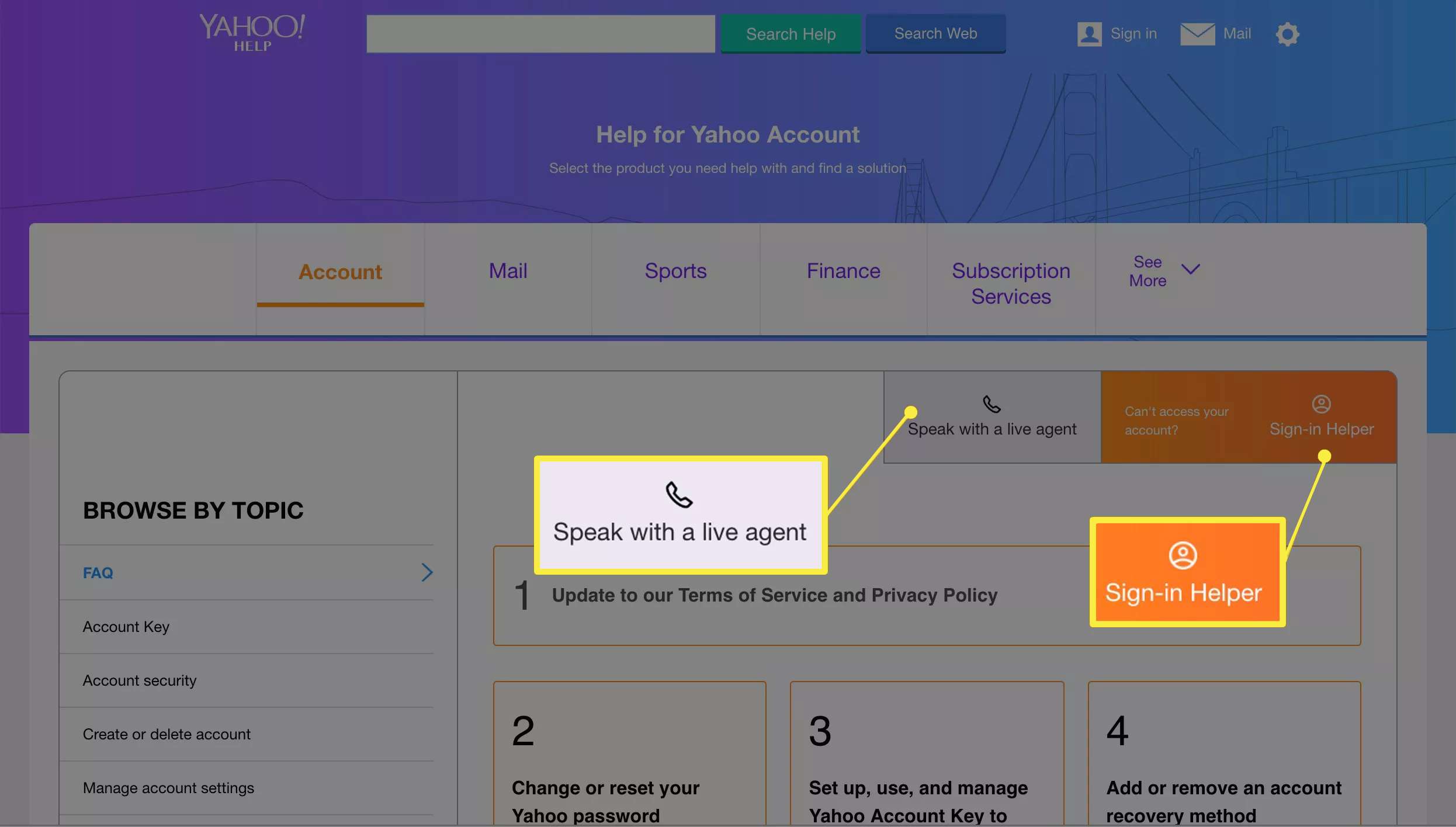 Praat met een live-agent en Sign-in Helper-knoppen op de ondersteuningspagina van Yahoo Mail