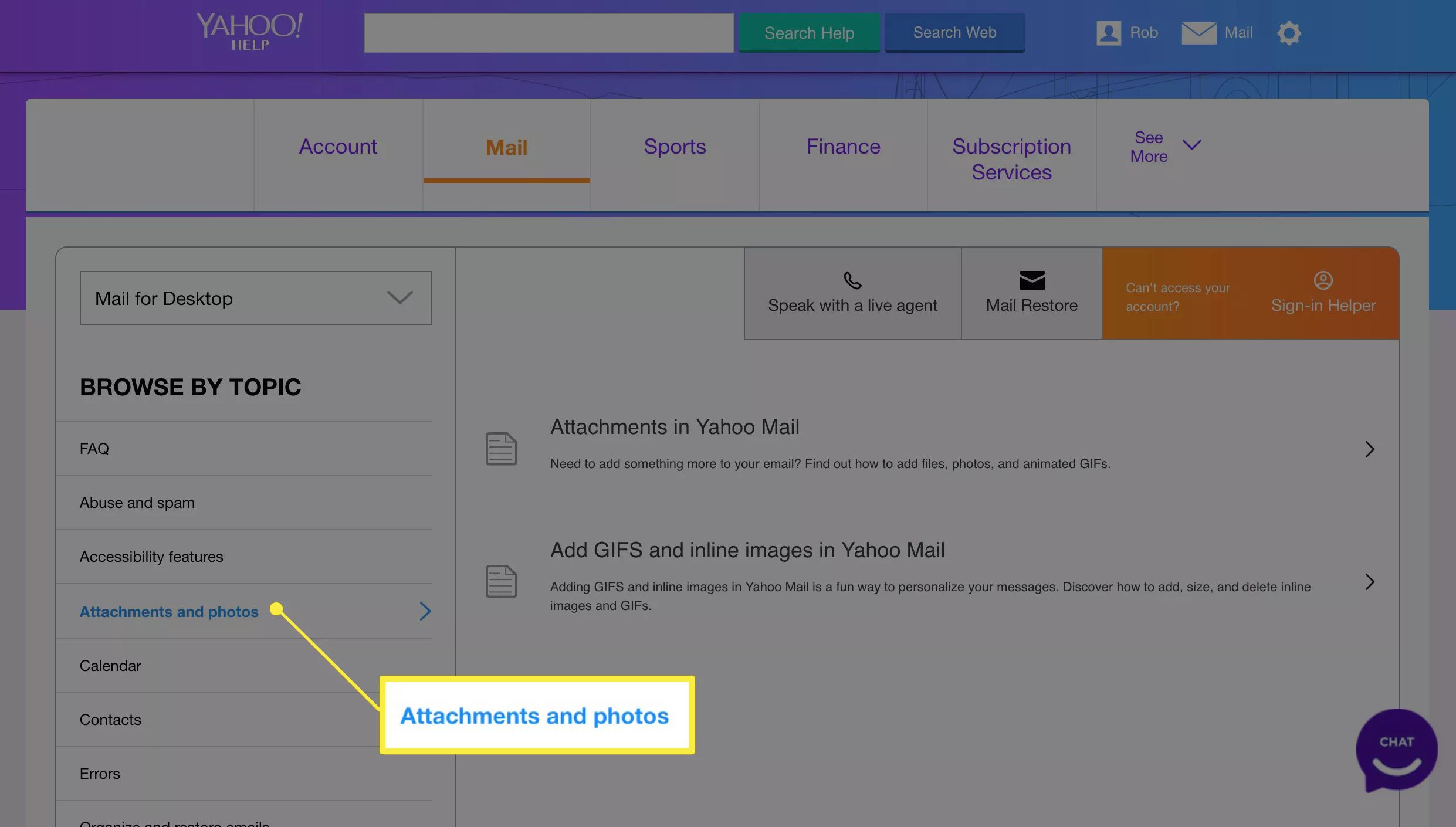 Blader op onderwerp van de Yahoo Mail-ondersteuningspagina, met het onderwerp Bijlagen en foto's