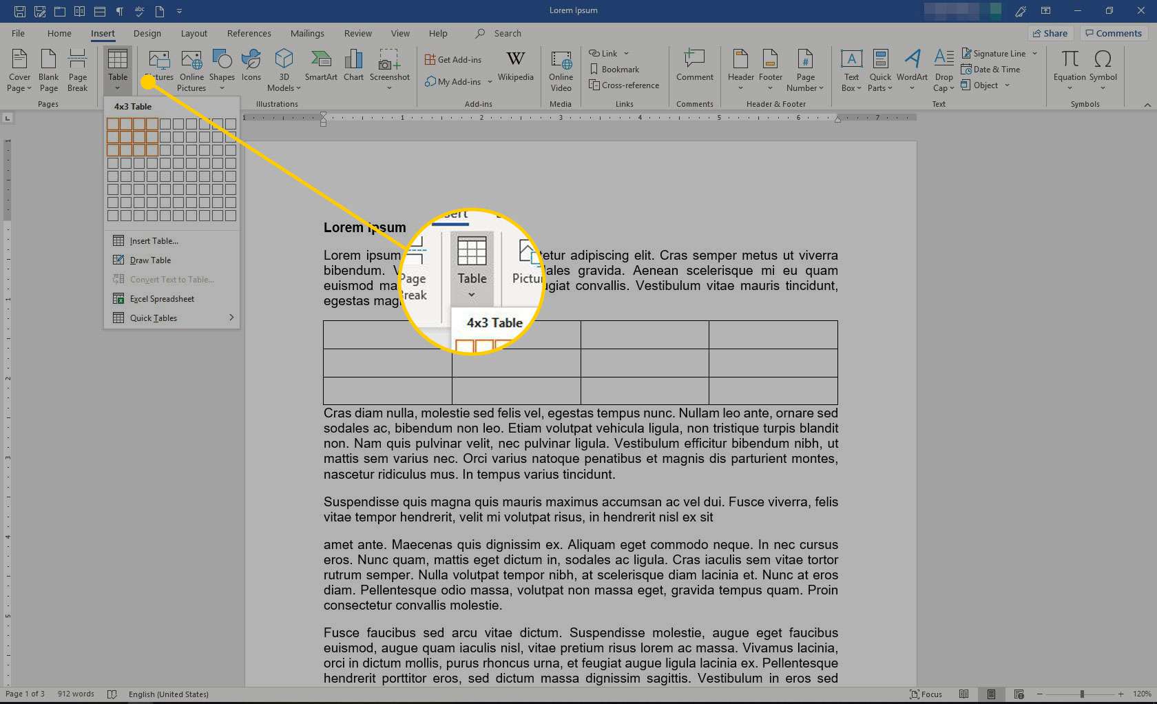 Menu invoegen in Microsoft Word met de optie Tabel gemarkeerd