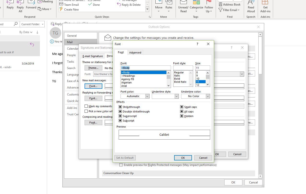 Schermafbeelding van lettertypen in Outlook