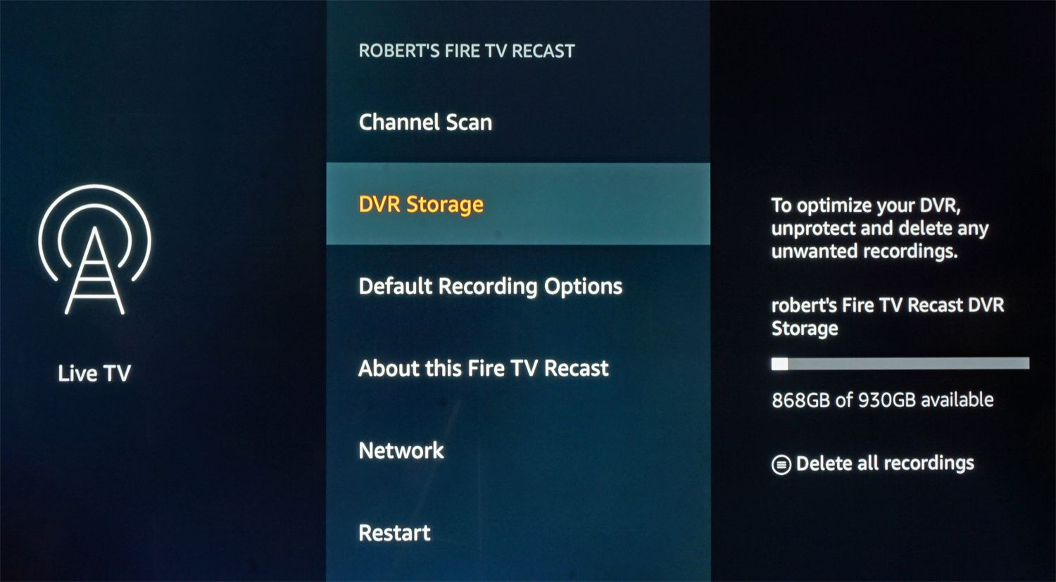 Beheer Fire TV Recast-instellingen via Fire TV Stick of Box Detail