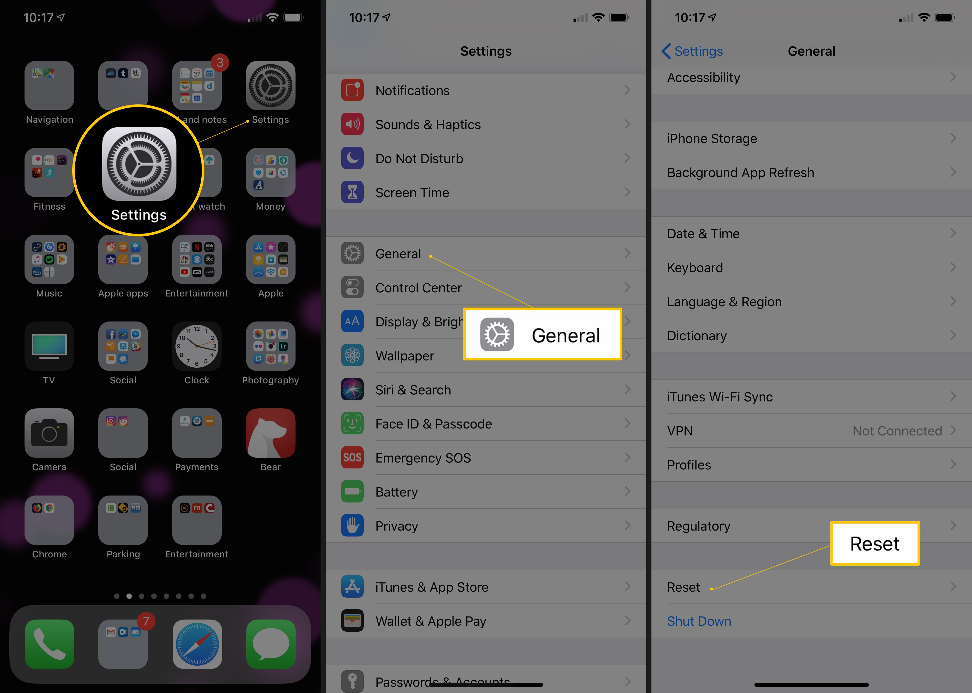 Drie iOS-schermen met app-pictogram Instellingen, tabblad Algemeen, knop Reset