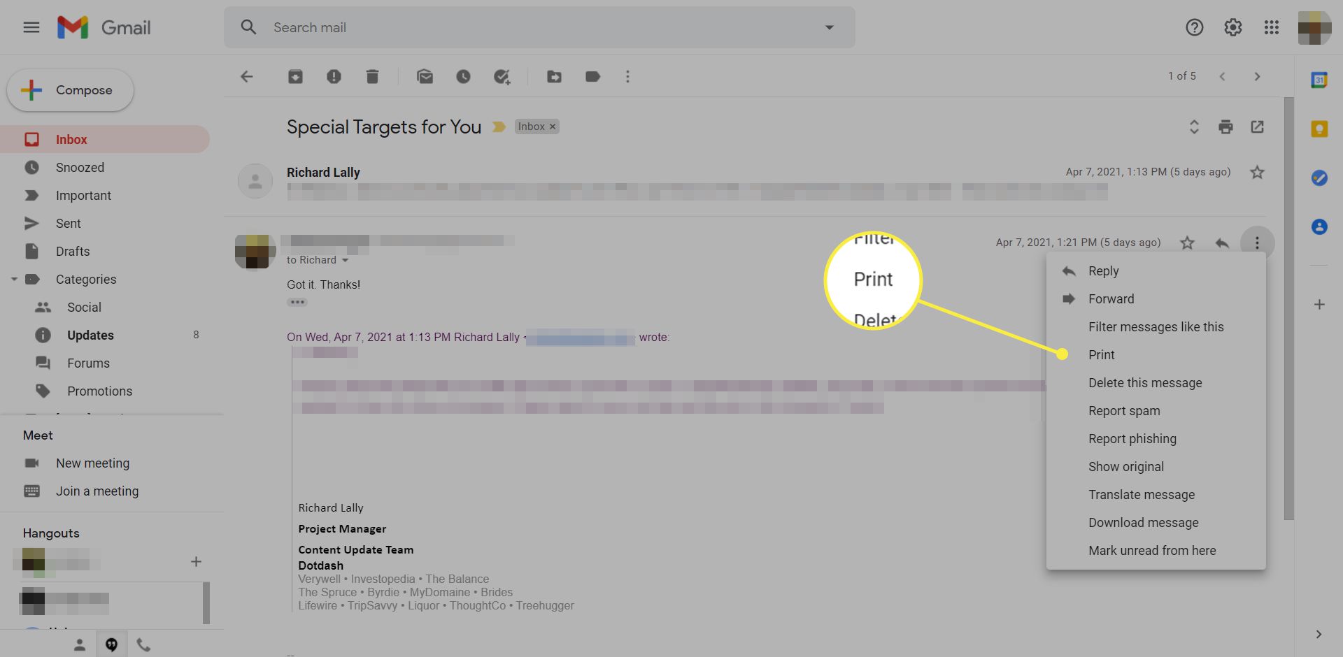 Een Gmail-bericht met de optie Afdrukken gemarkeerd