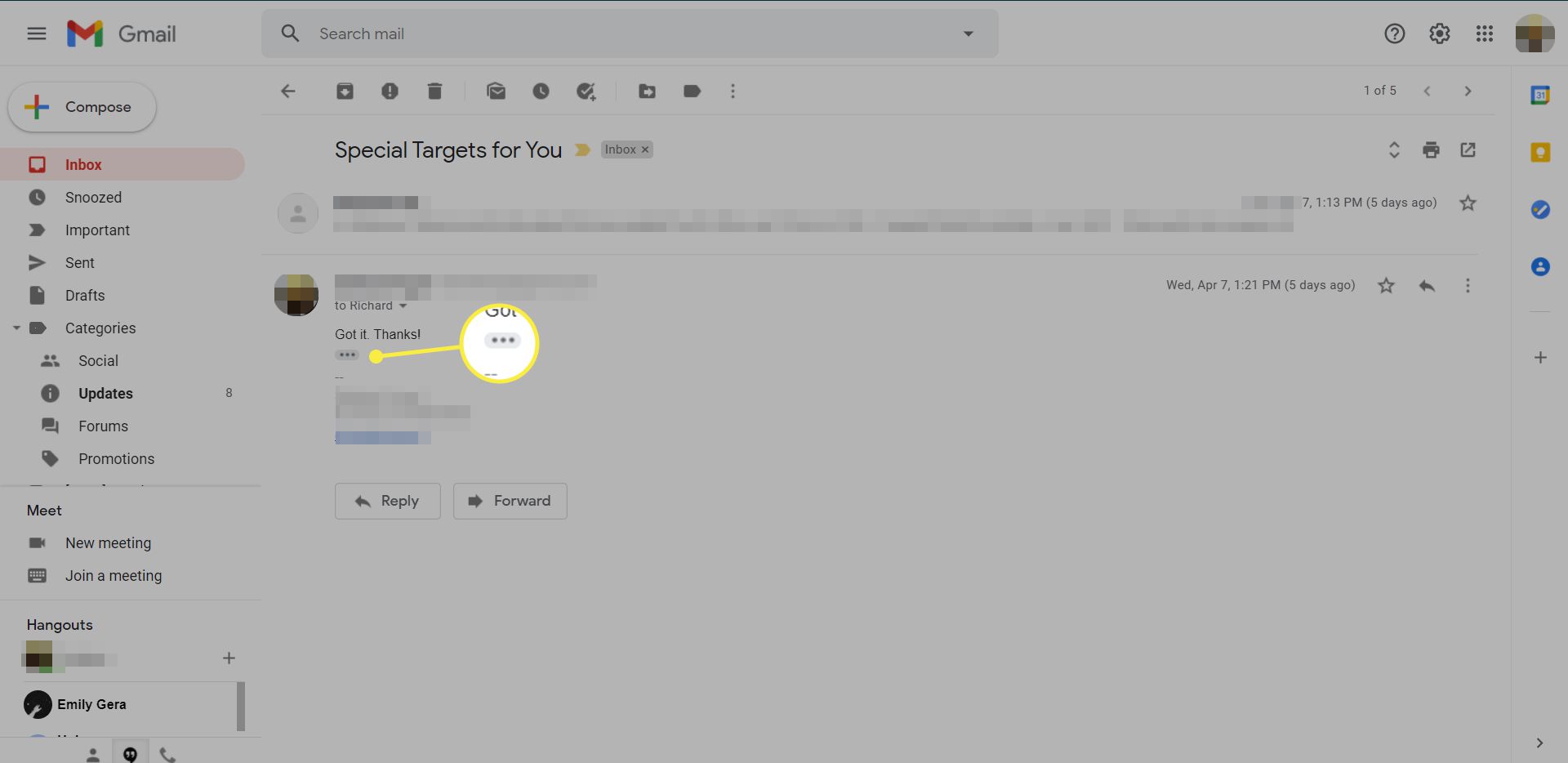 Een Gmail-bericht met het pictogram 'Bijgesneden inhoud weergeven' gemarkeerd
