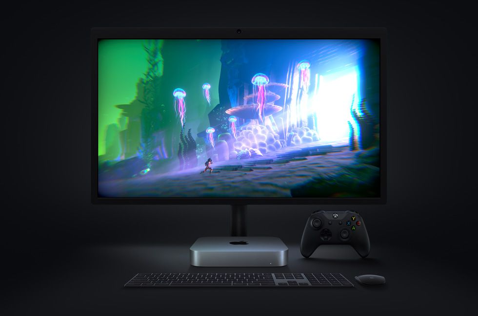 Apple M1 Mac Mini ingesteld met Xbox-controller, monitor en muis en toetsenbord