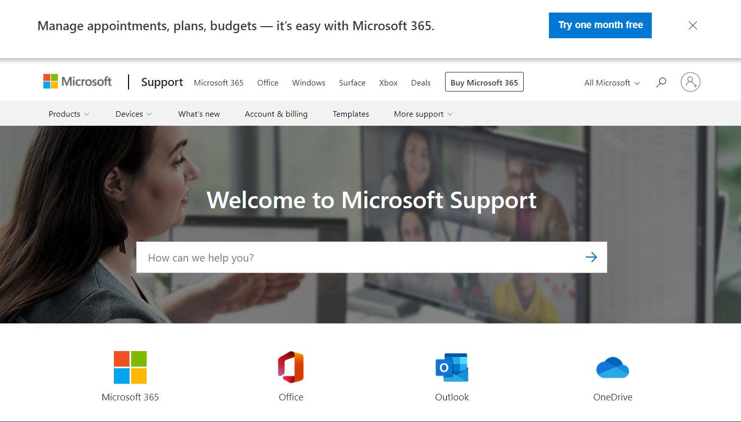 Startpagina van de Microsoft-ondersteuningswebsite