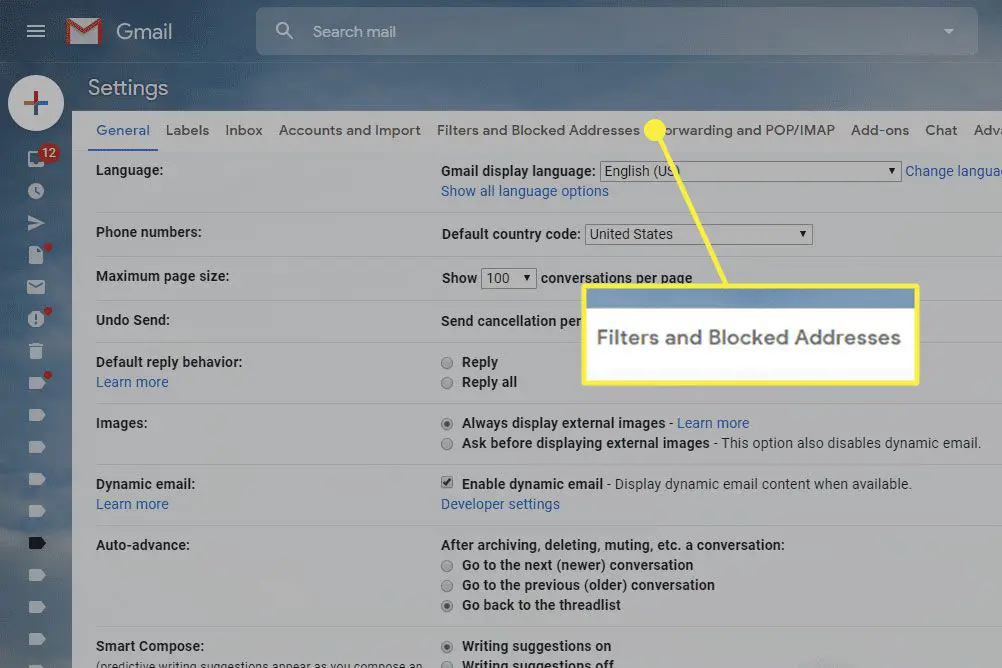 Een screenshot van Gmail-instellingen met de kop Filters en geblokkeerde adressen gemarkeerd