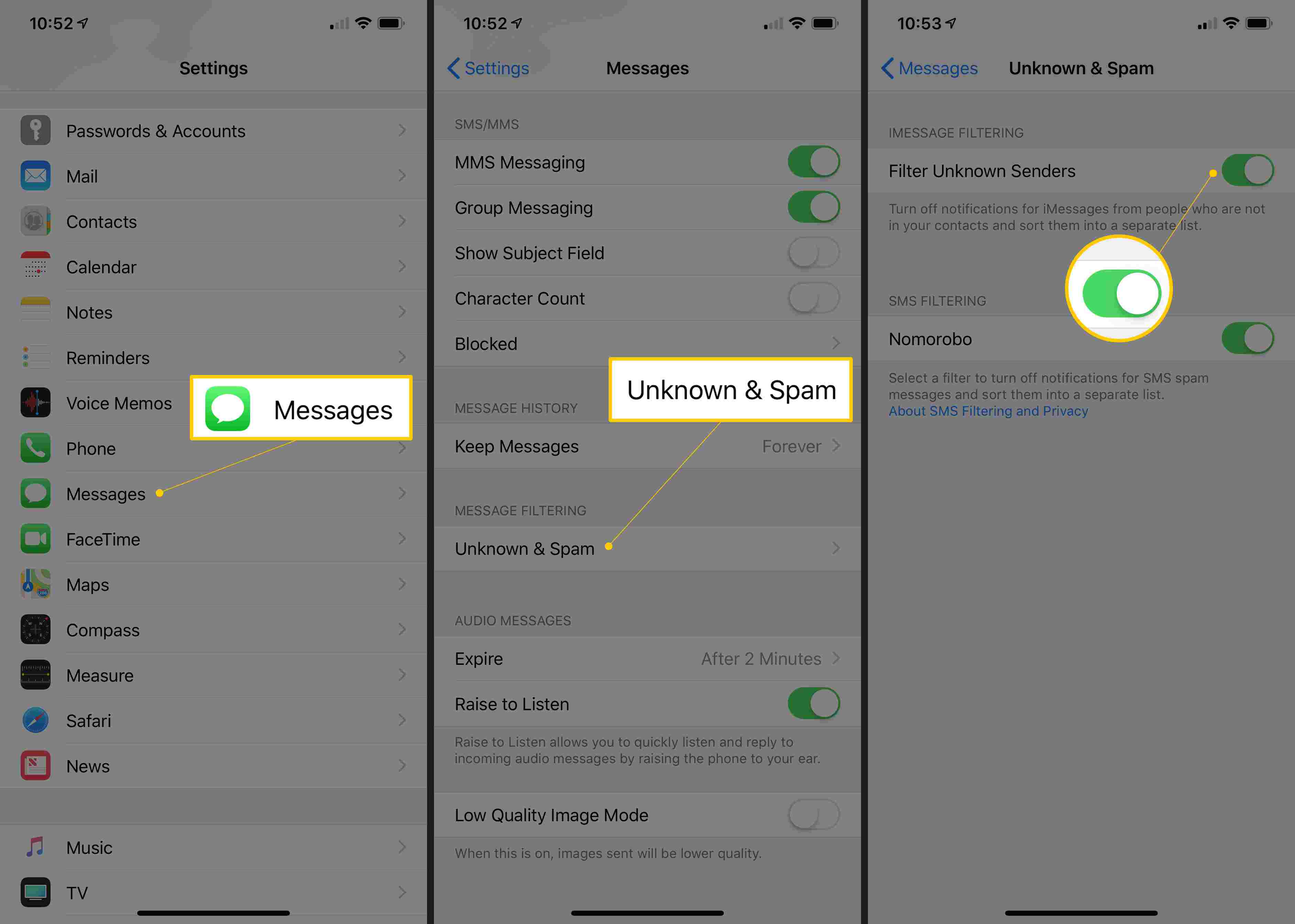 Drie iOS-schermen met de knop Berichten, het gedeelte Onbekend en spam en schakelen tussen Onbekende afzenders filteren