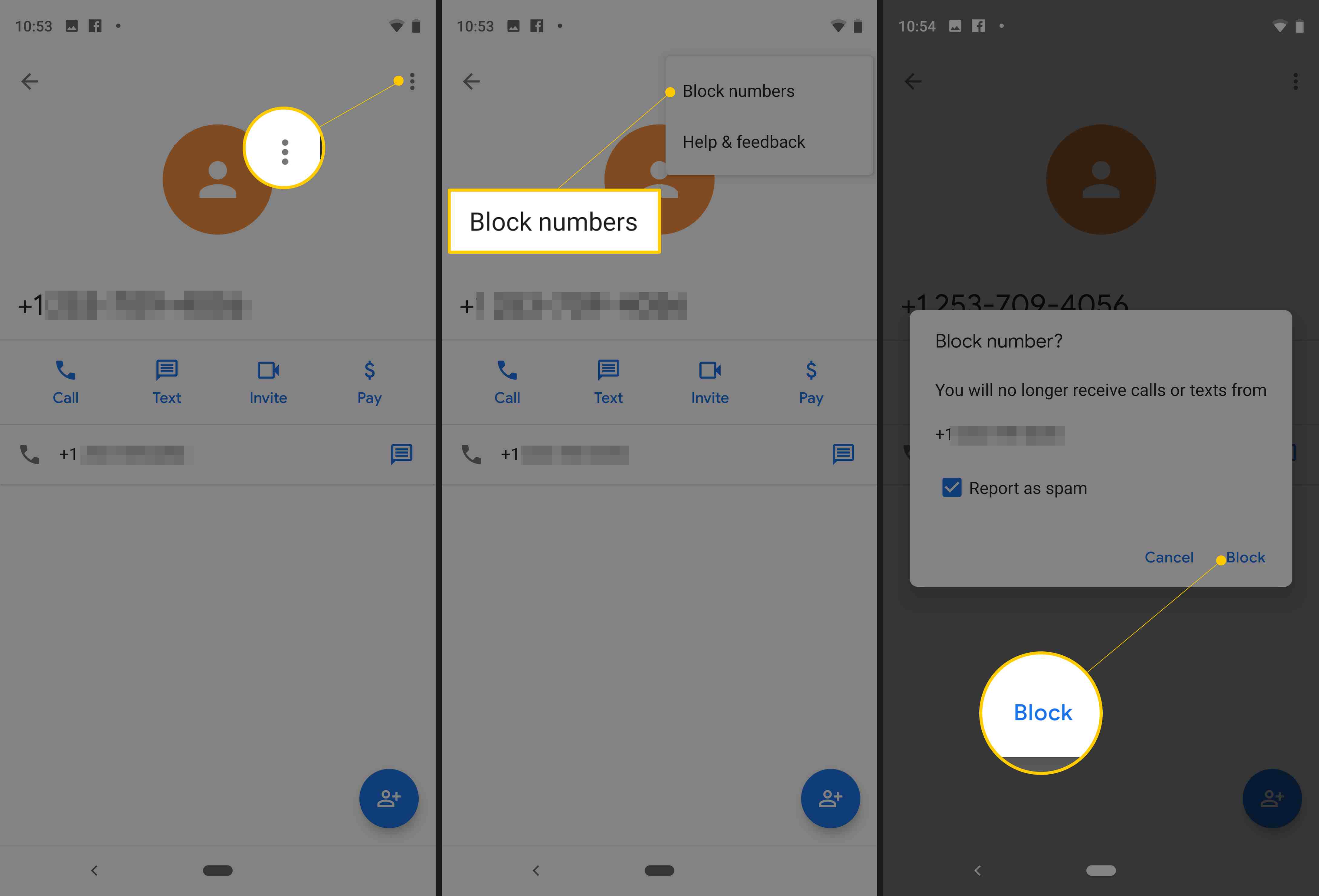 Drie Android-schermen van Pixel met menu met verticale stippen, menu-item bloknummers en knop Blokkeren