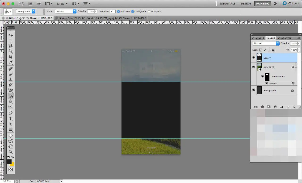 Een Photoshop-document ter grootte van een iPhone-scherm met een vak onder de klok