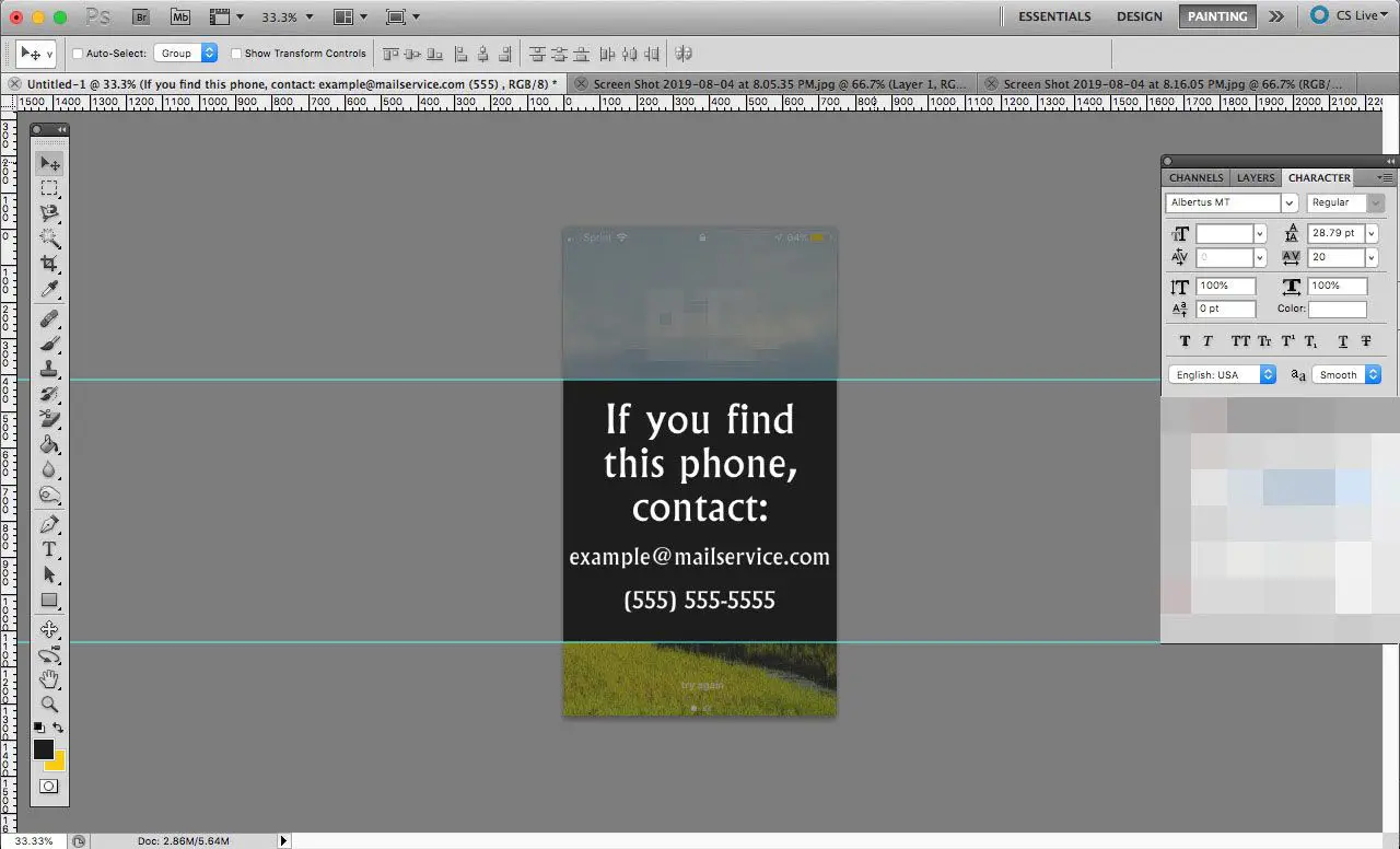 Een Photoshop-document ter grootte van een iPhone-scherm met contactgegevens erop