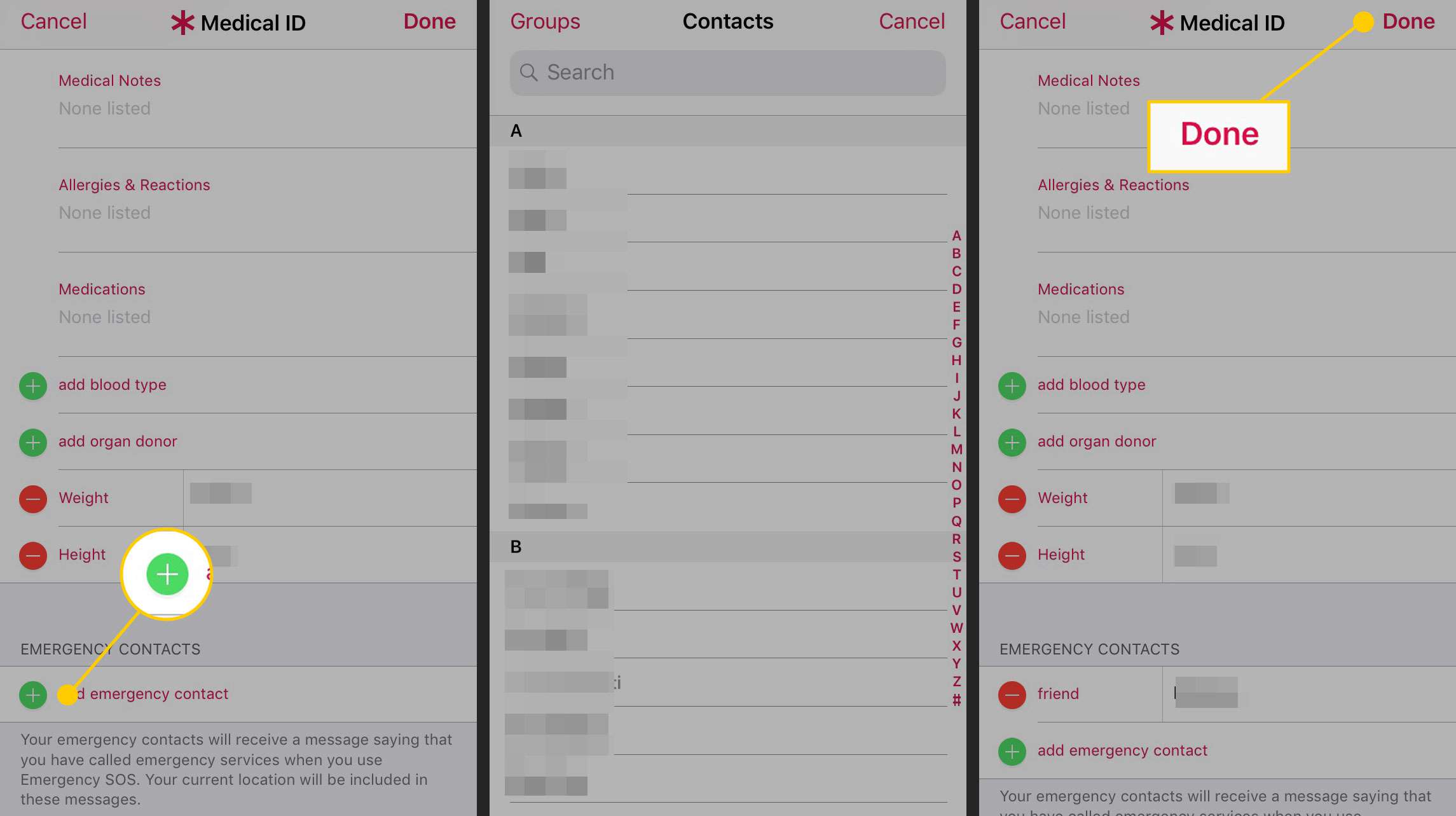 Een contactpersoon voor noodgevallen toevoegen in de Gezondheid-app op een iPhone