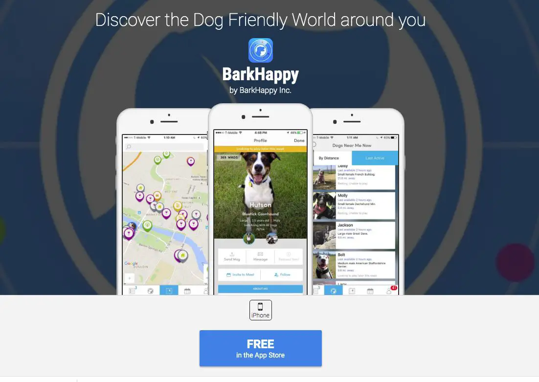 Screenshot van BarkHappy social networking app voor hondenbezitters