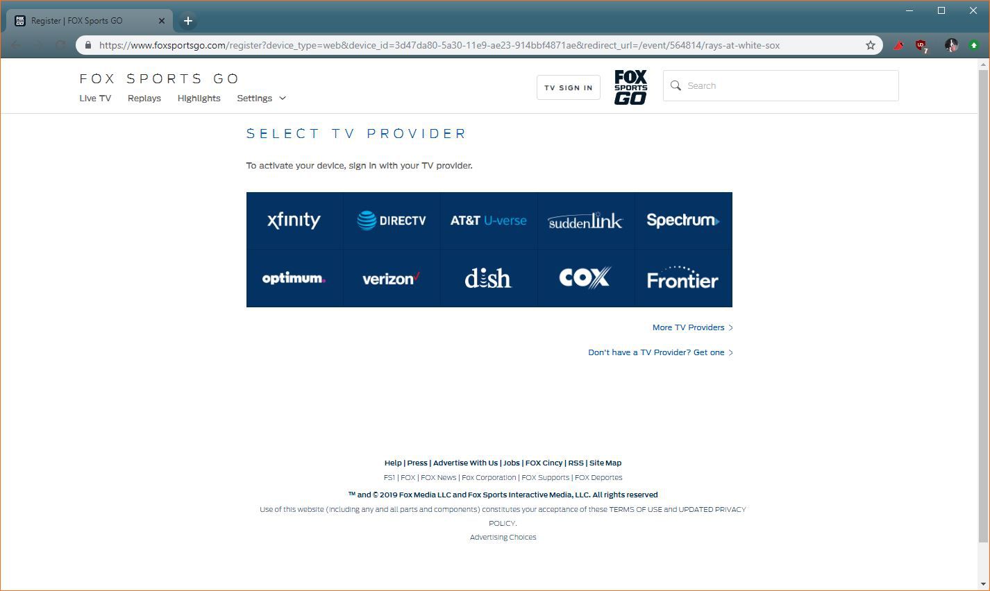 Een screenshot van de FOX Sports GO TV provider selectiesite.