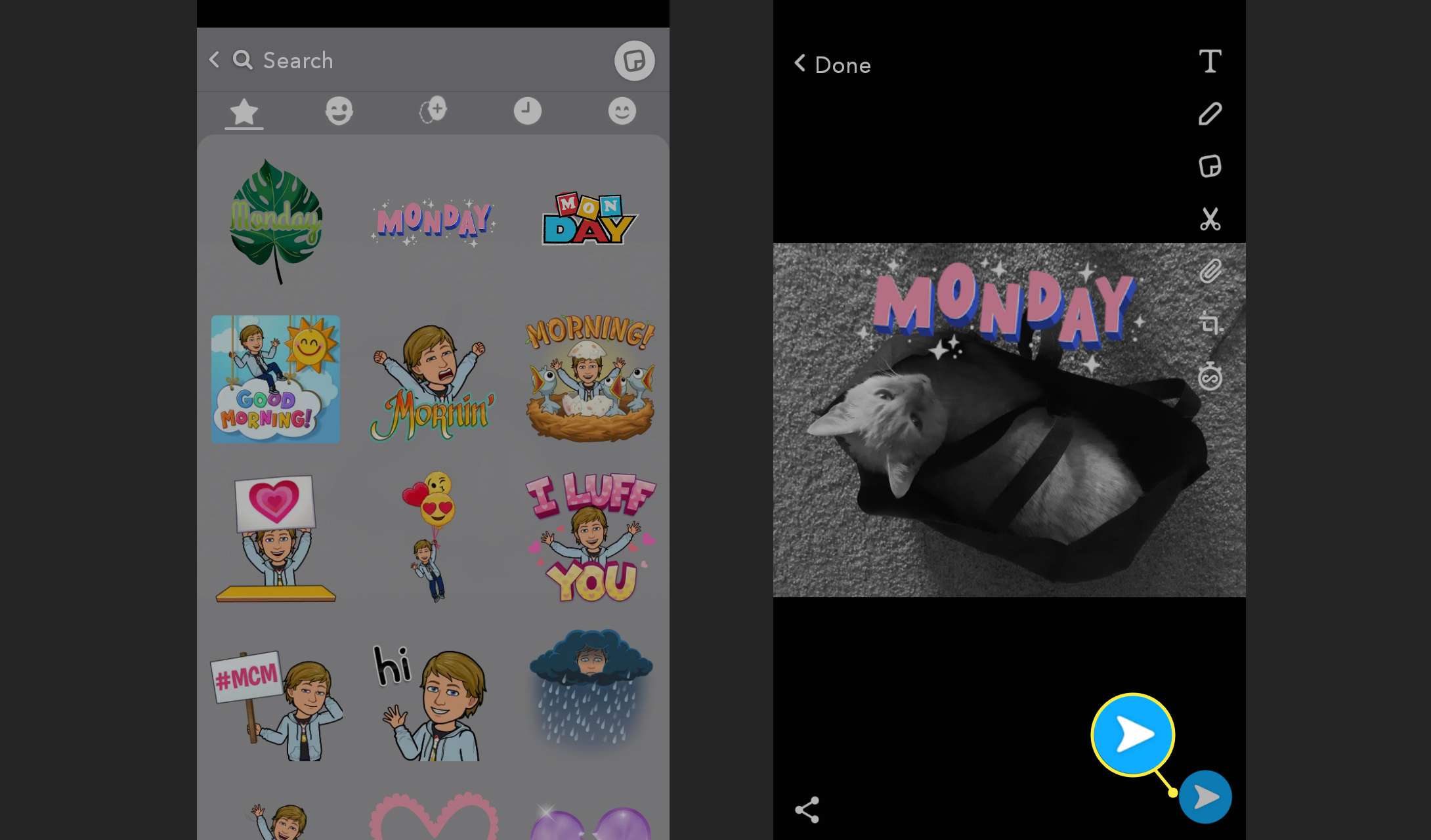 Stickers en Share-pictogram op Snapchat
