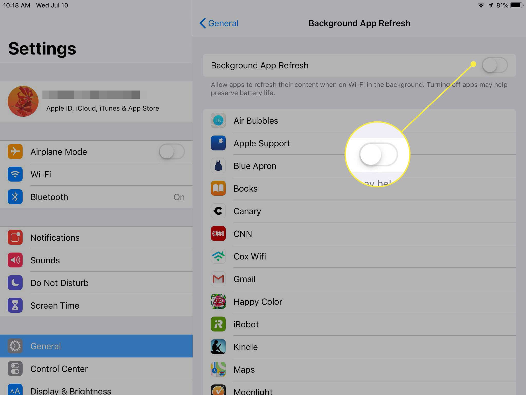 iPad's Background App Refresh-instellingen met de schakelaar naast de functie gemarkeerd
