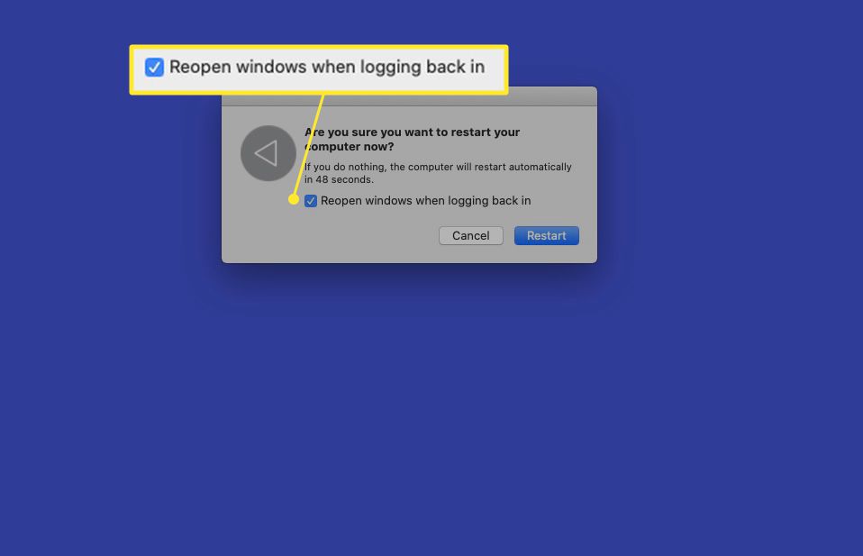 Dialoogvenster MacBook opnieuw opstarten met het selectievakje "Vensters opnieuw openen bij opnieuw inloggen" gemarkeerd