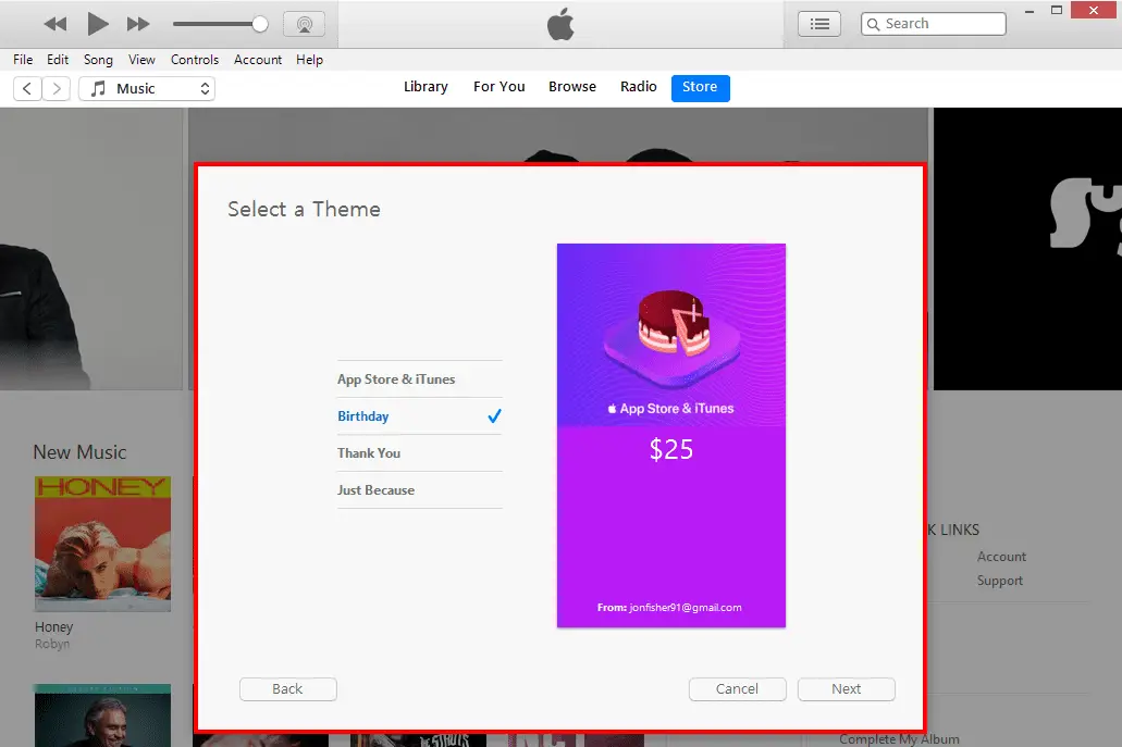 Screenshot van de cadeaubon-thema's in iTunes