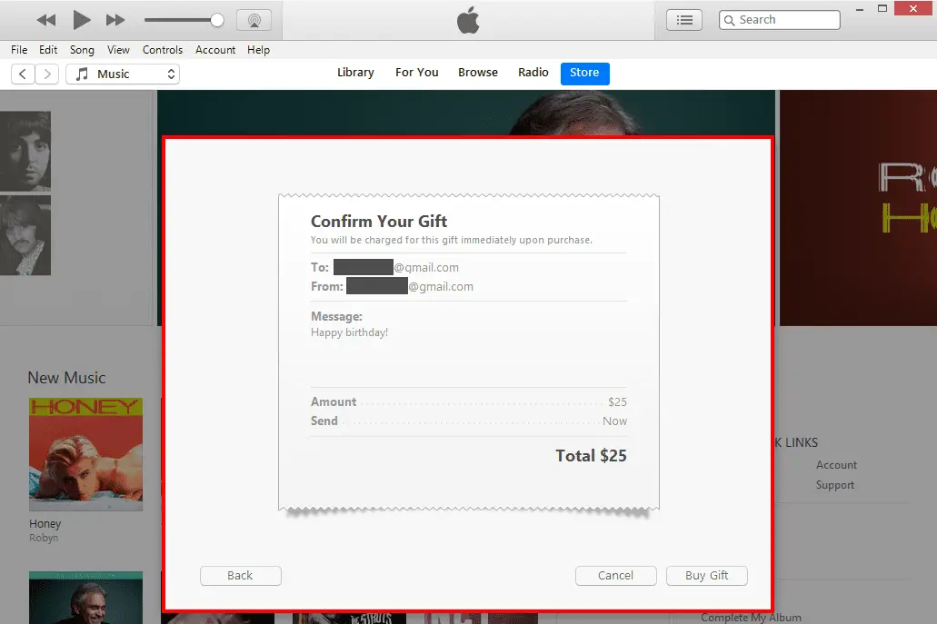 Screenshot van de overzichtspagina bij het verzenden van een cadeaubon via iTunes