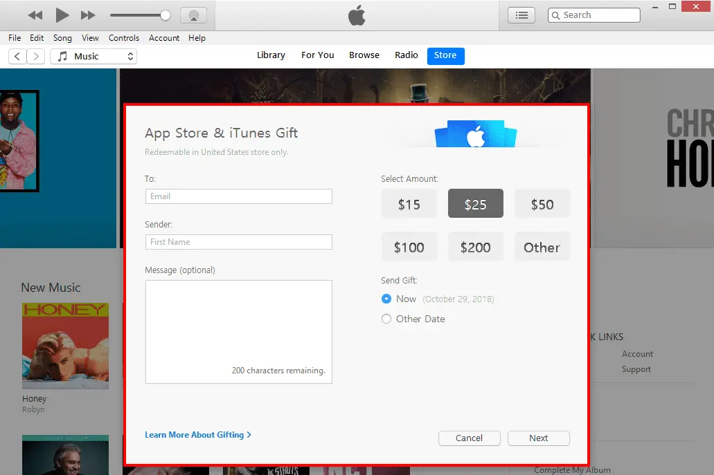 Screenshot van de cadeau-opties in iTunes