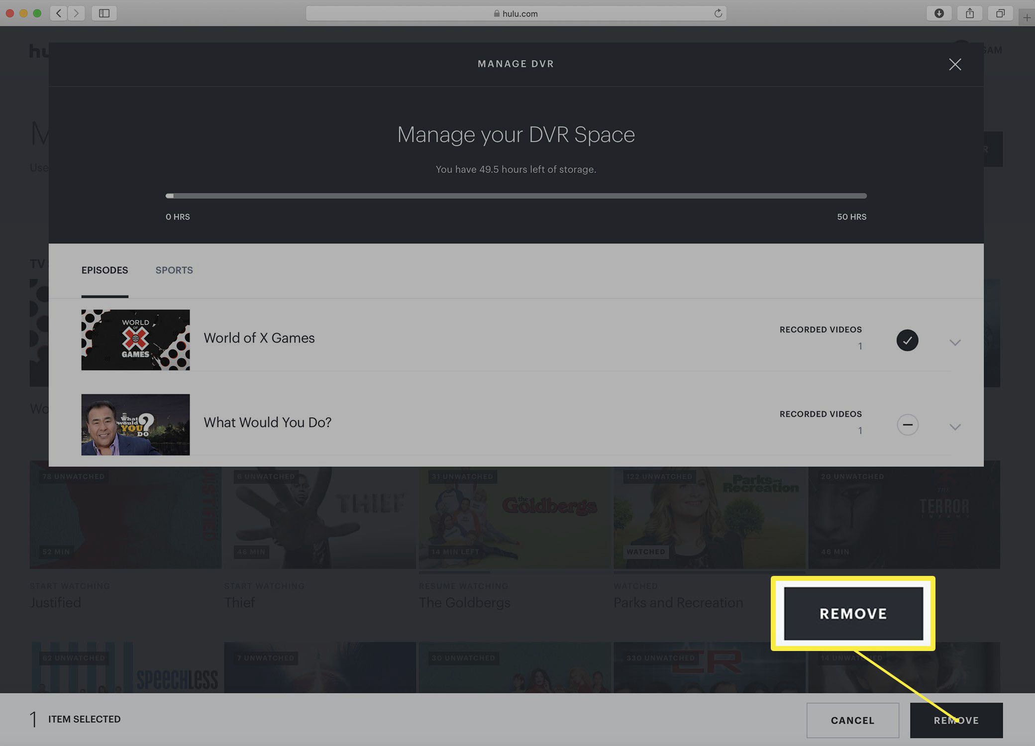Screenshot van het Hulu Manage DVR-scherm.