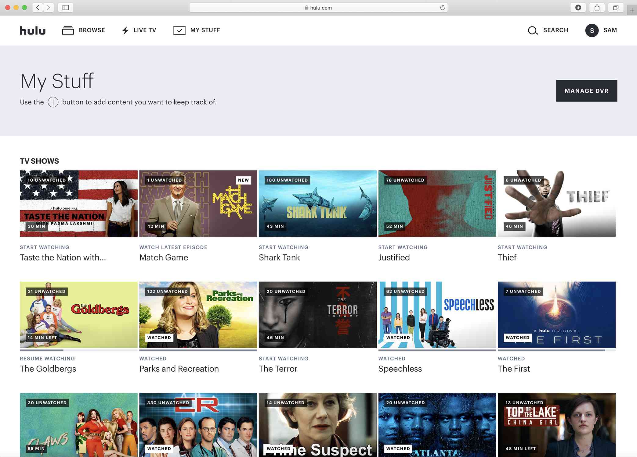 Screenshot van de Hulu My Stuff-pagina