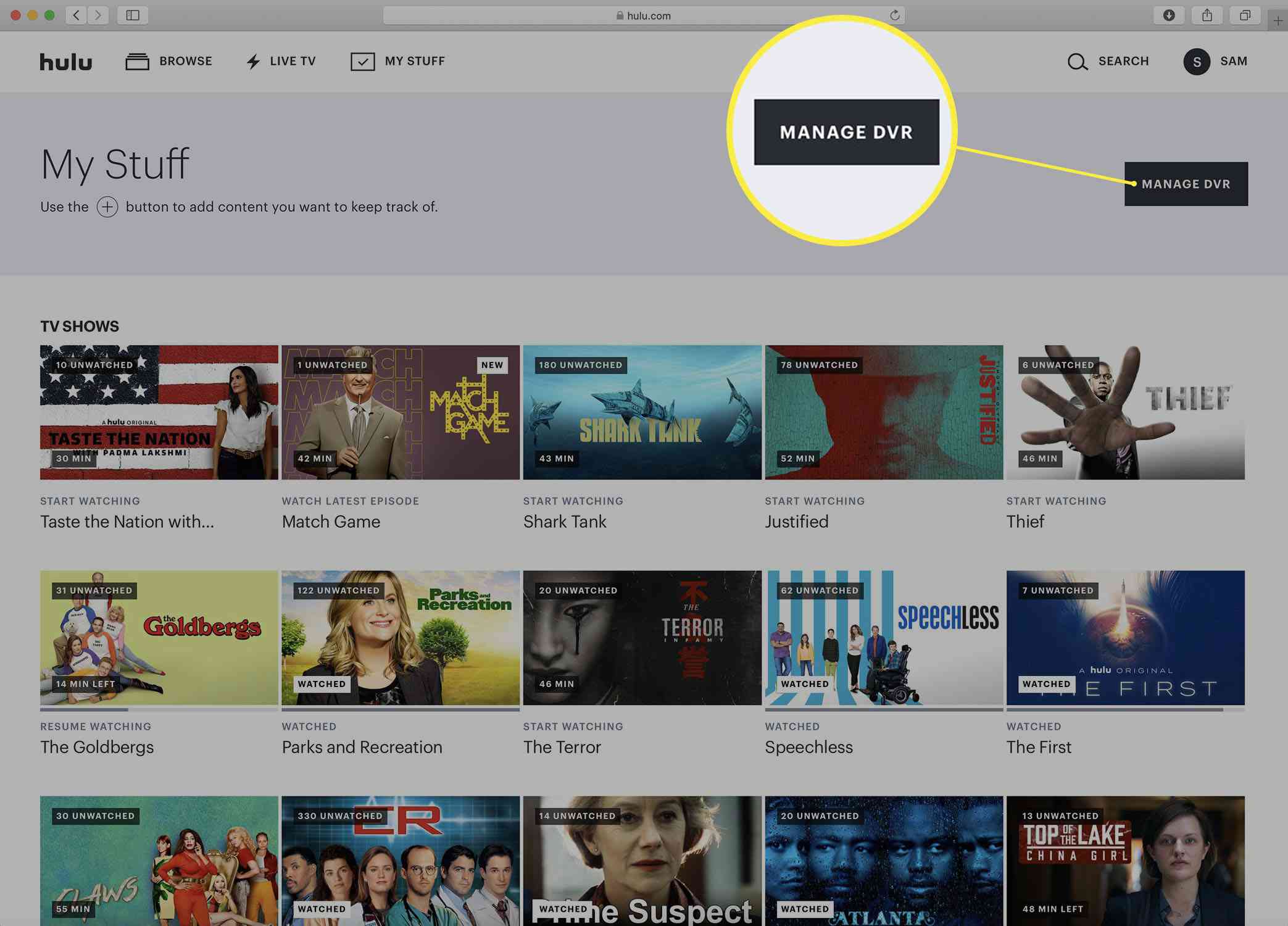 Screenshot van de Hulu My Stuff-pagina.