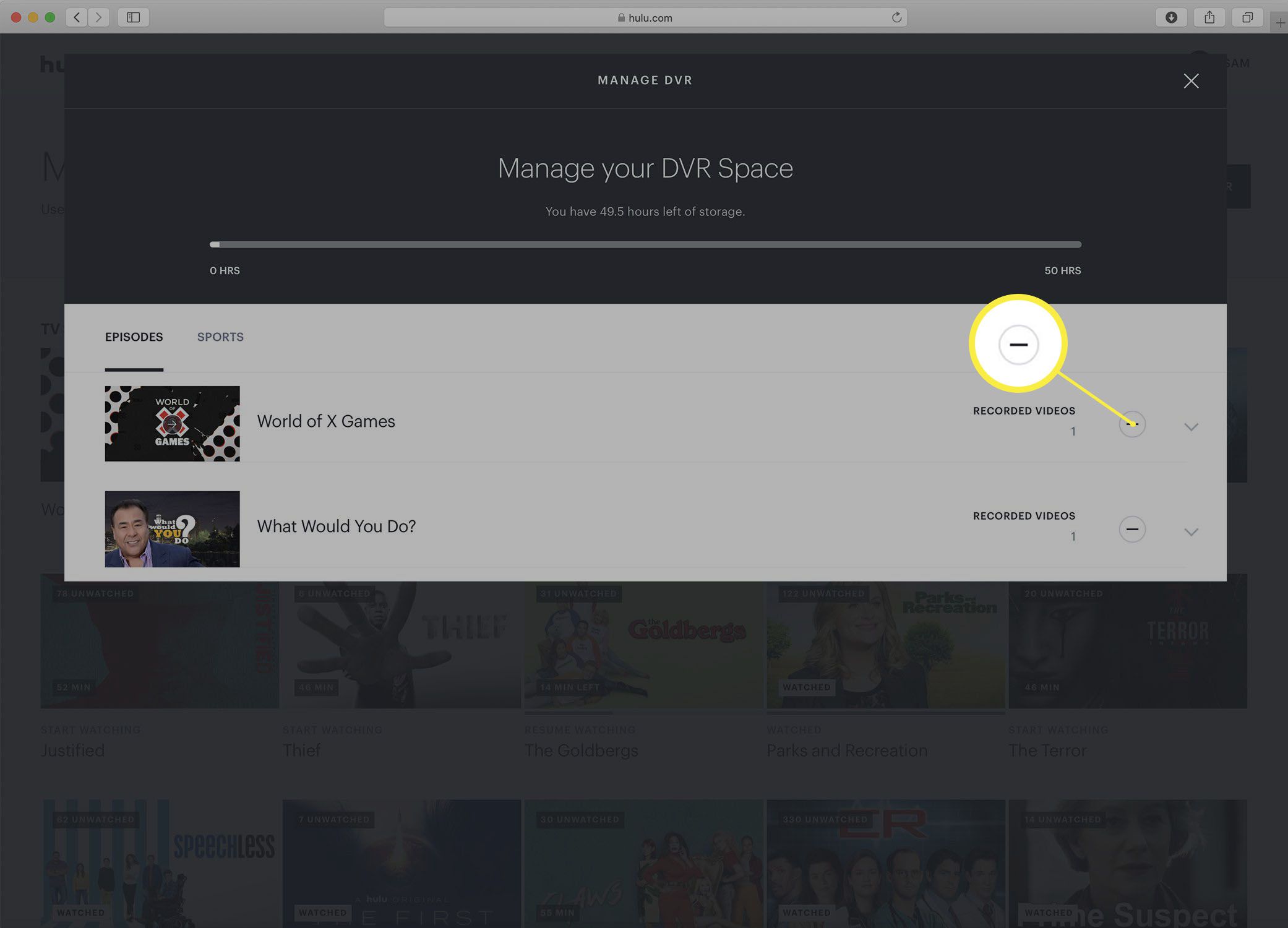 Screenshot van het Hulu Manage DVR-scherm.
