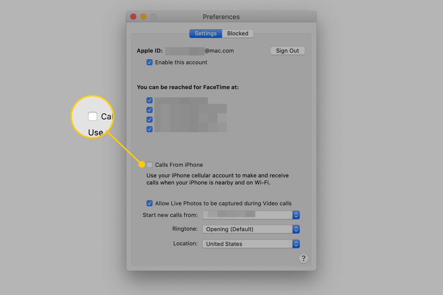 "Oproepen vanaf iPhone" in FaceTime-voorkeuren op een Mac