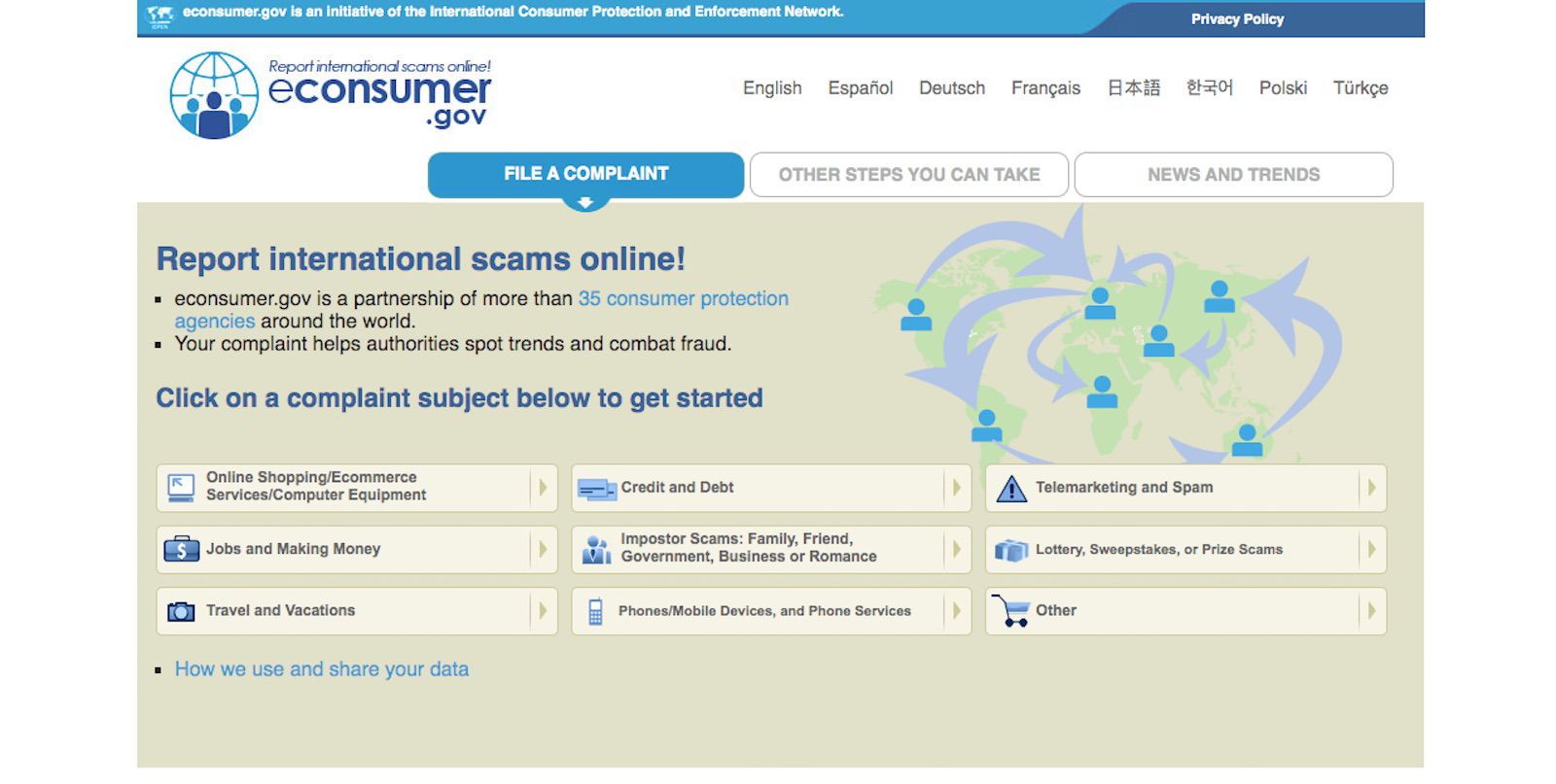 Een screenshot van econsumer.gov.