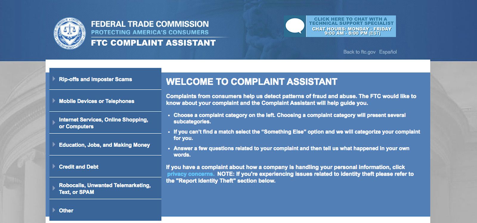 Een schermafbeelding van FTCComplaintAssistant.gov.