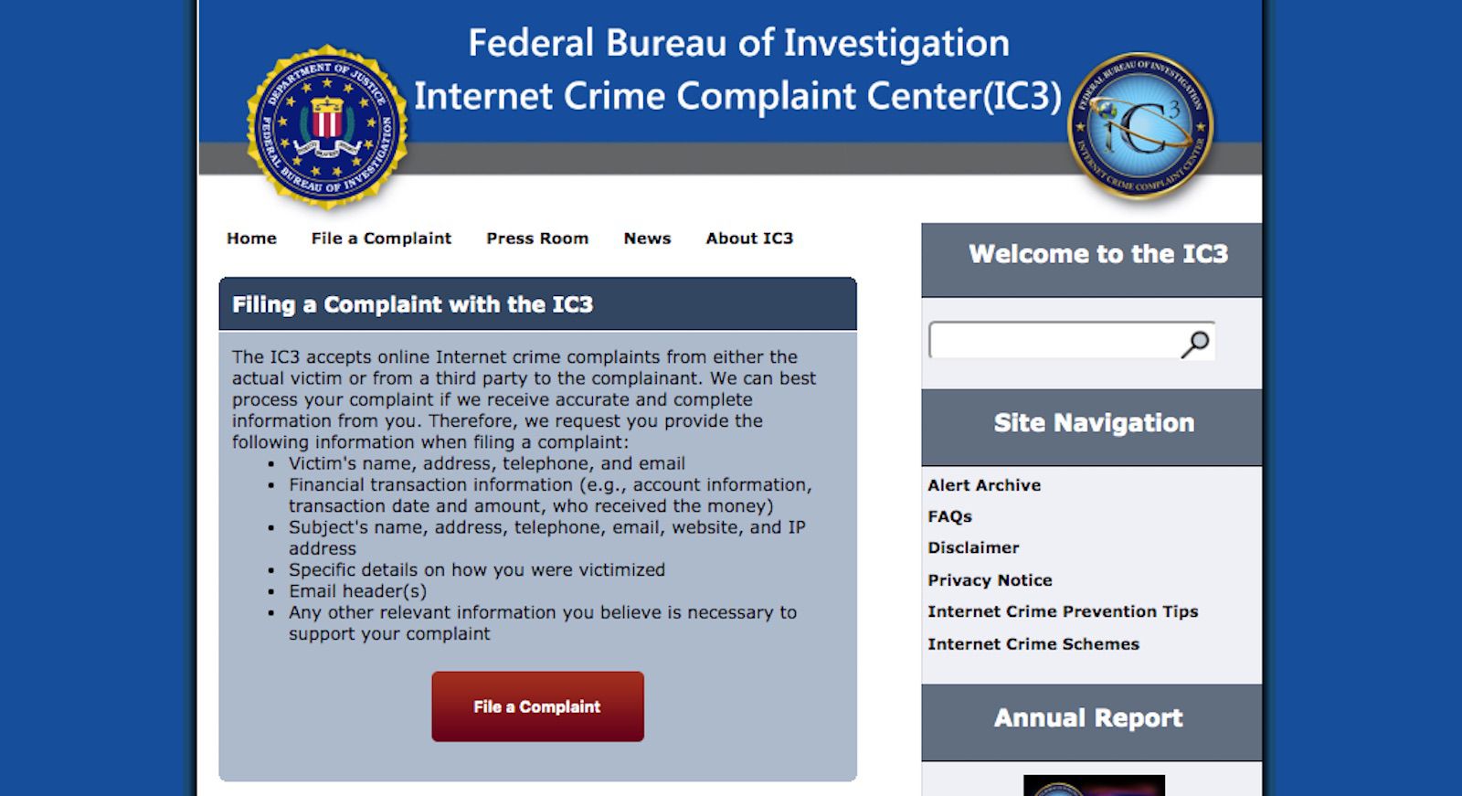 Een schermafbeelding van IC3.gov.