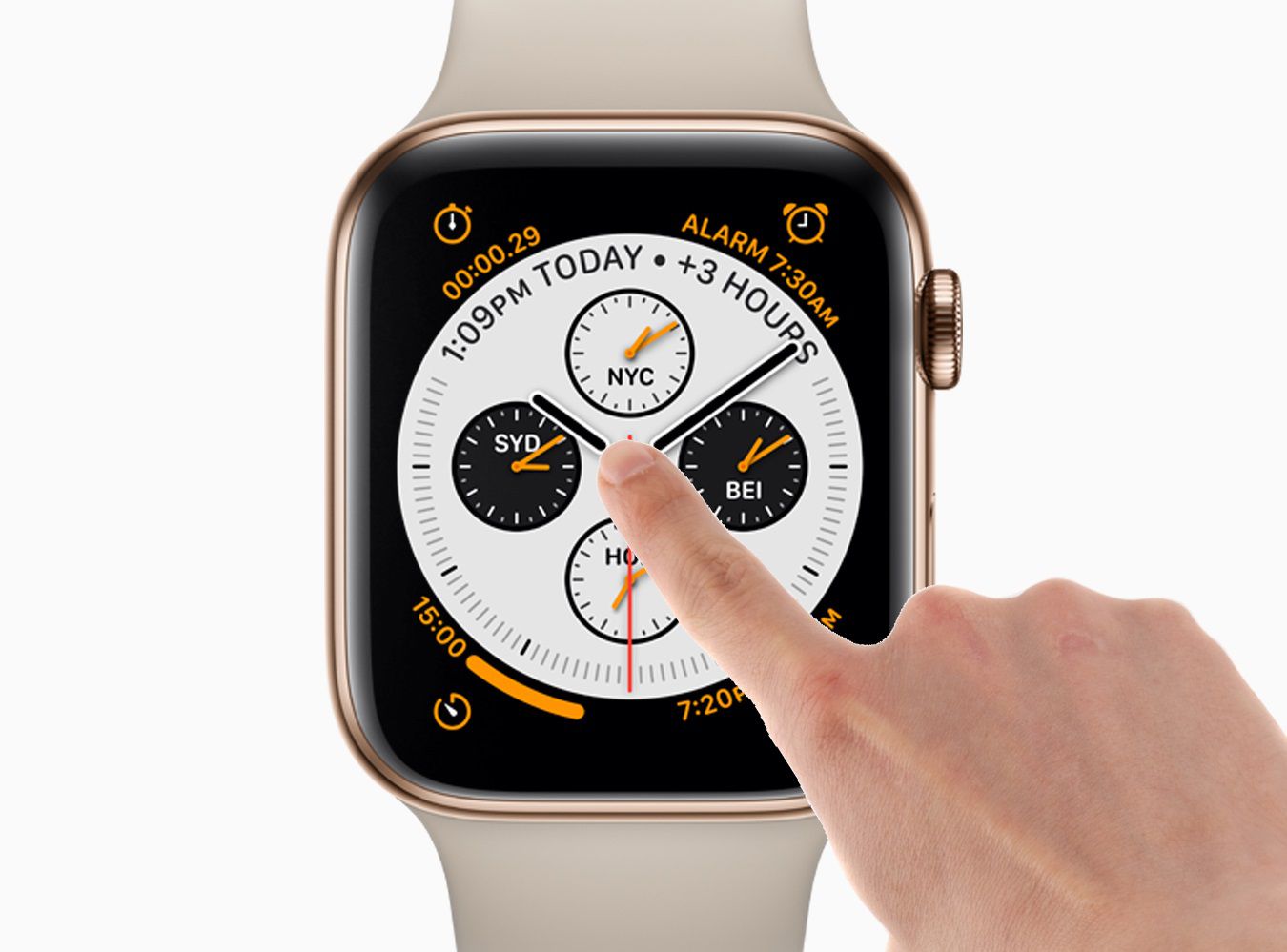 Een vingergebaar op het display van een Apple Watch