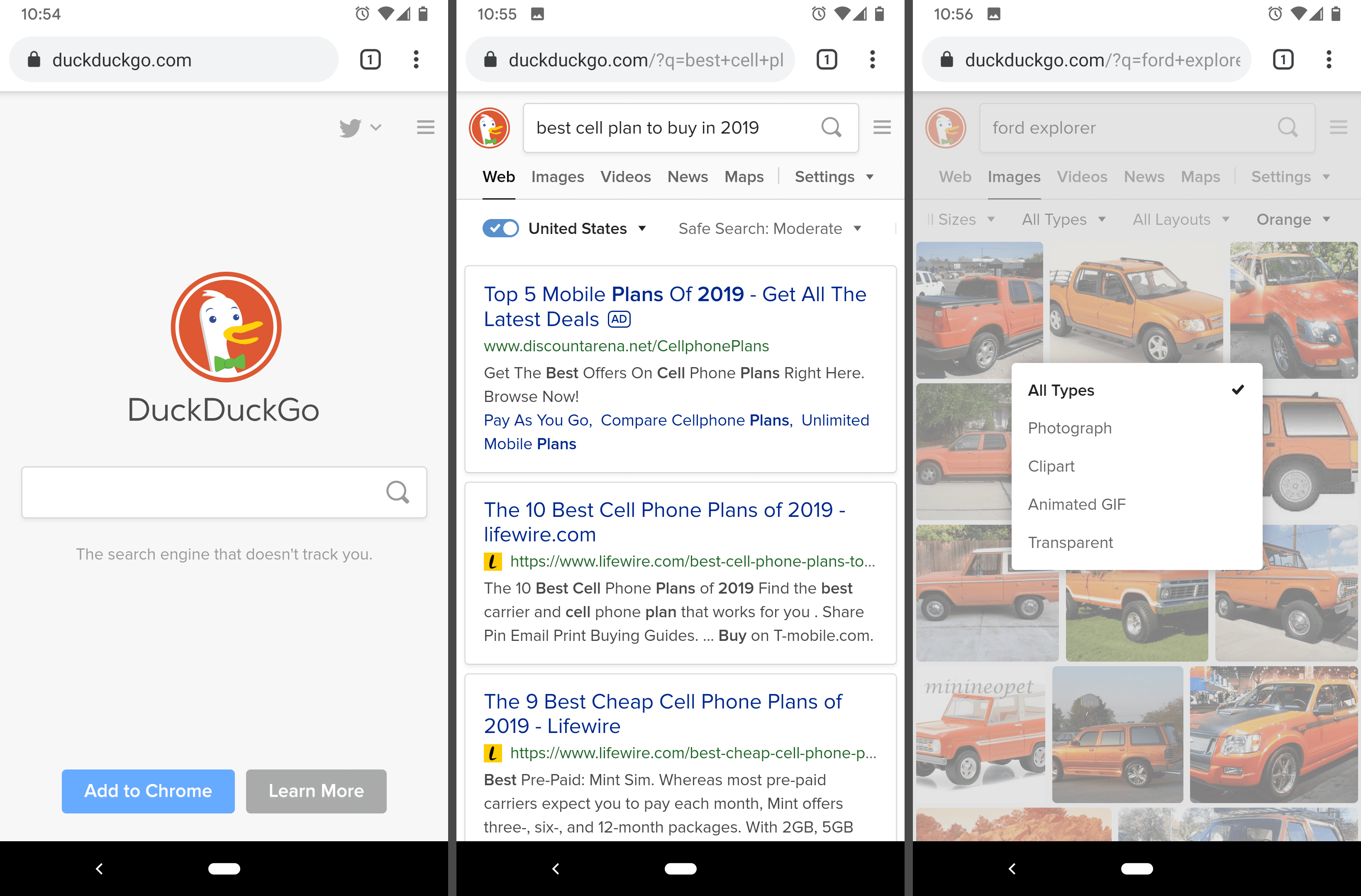 DuckDuckGo mobiele site in Chrome voor Android