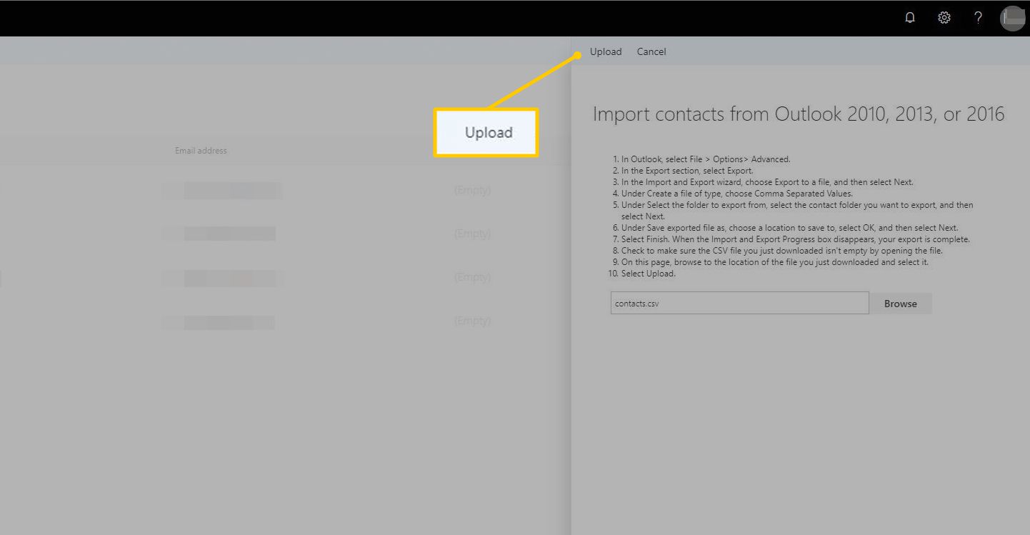 Uploadknop voor het importeren van contacten in Outlook
