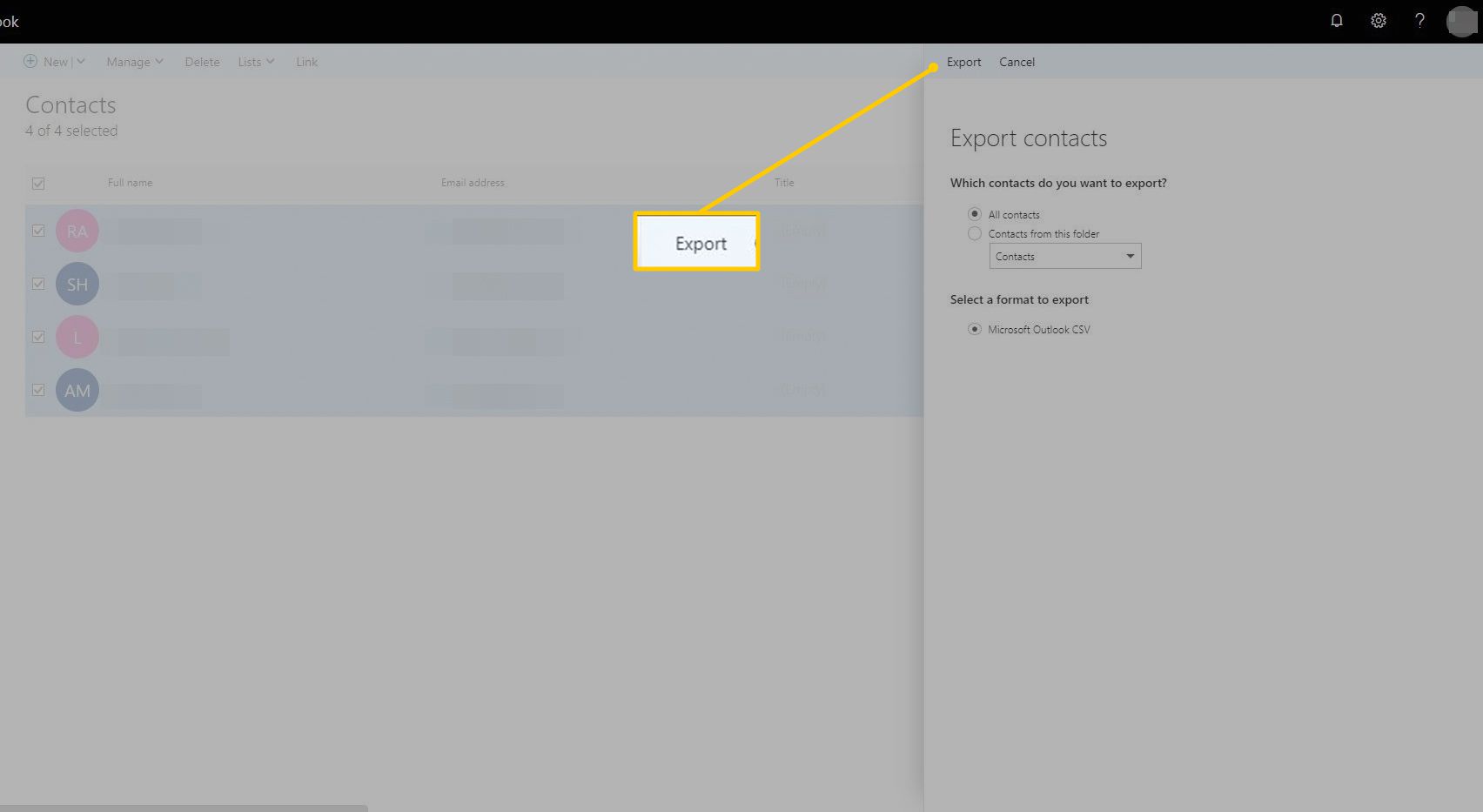 Exporteren knop in Outlook op het web
