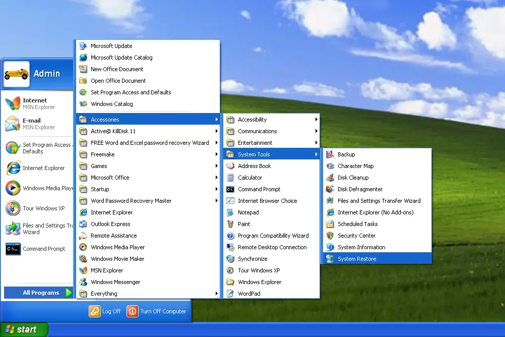 Optie Windows XP Systeemherstel in het menu Start