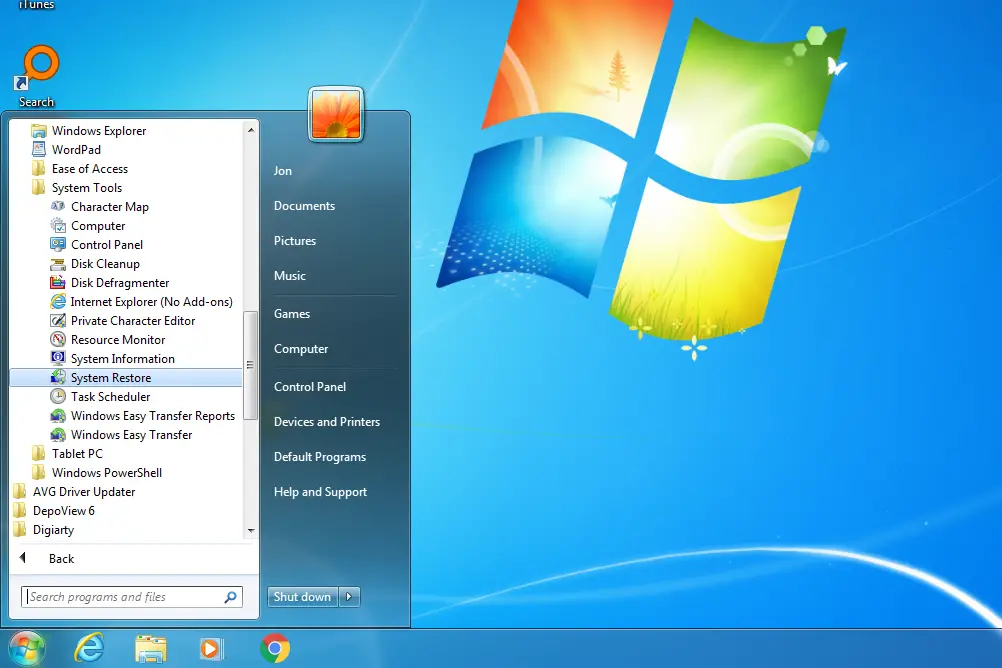 Systeemherstel-link in het Windows 7 Start-menu