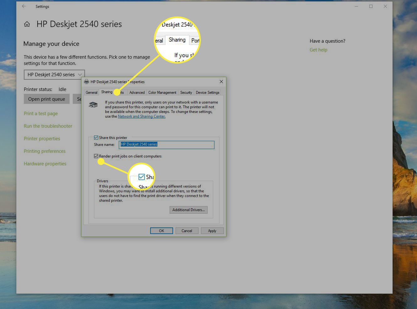 Printerinstellingen in Windows met het tabblad Delen en het selectievakje Delen gemarkeerd