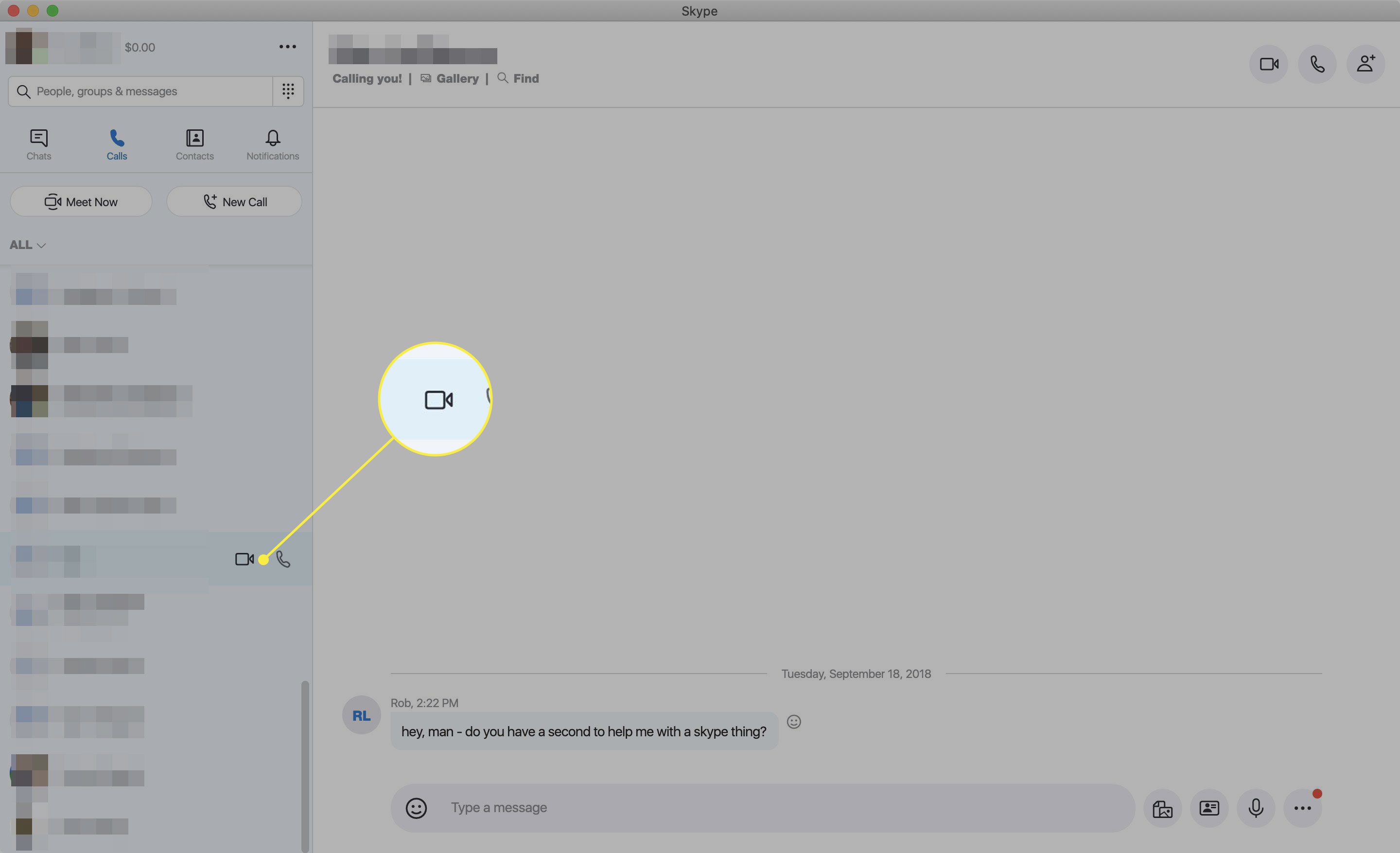 Een screenshot van Skype met de videogesprekknop gemarkeerd button