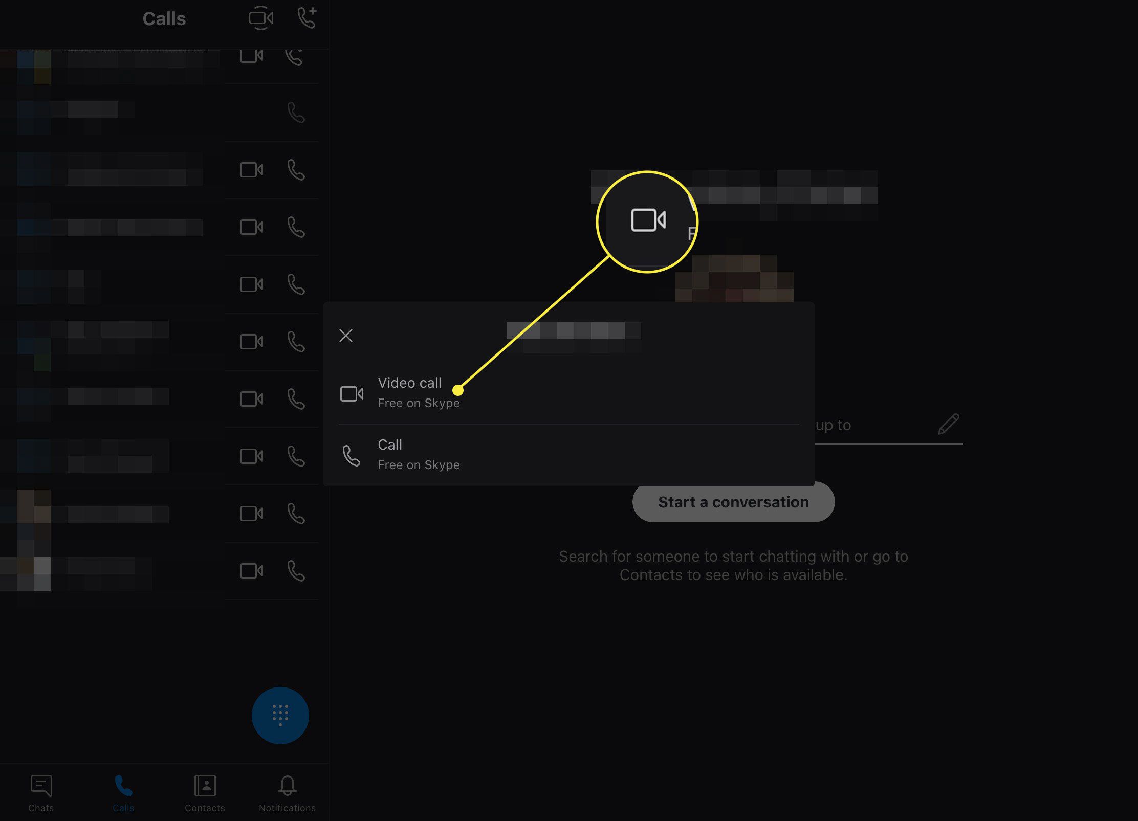 Een screenshot van de Skype-app met de knop Videogesprek gemarkeerd button