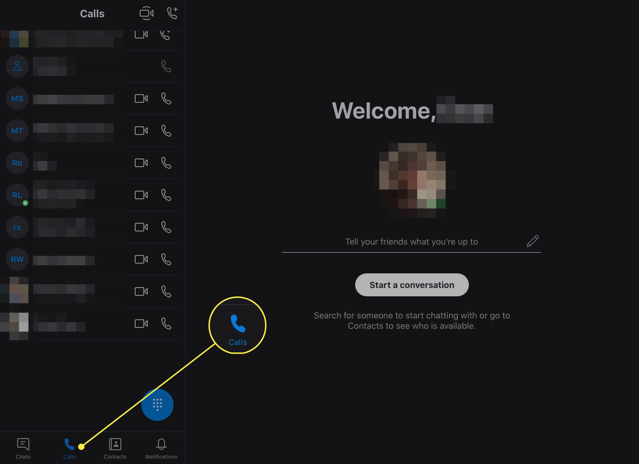 Een screenshot van de Skype-app met de knop Oproepen gemarkeerd